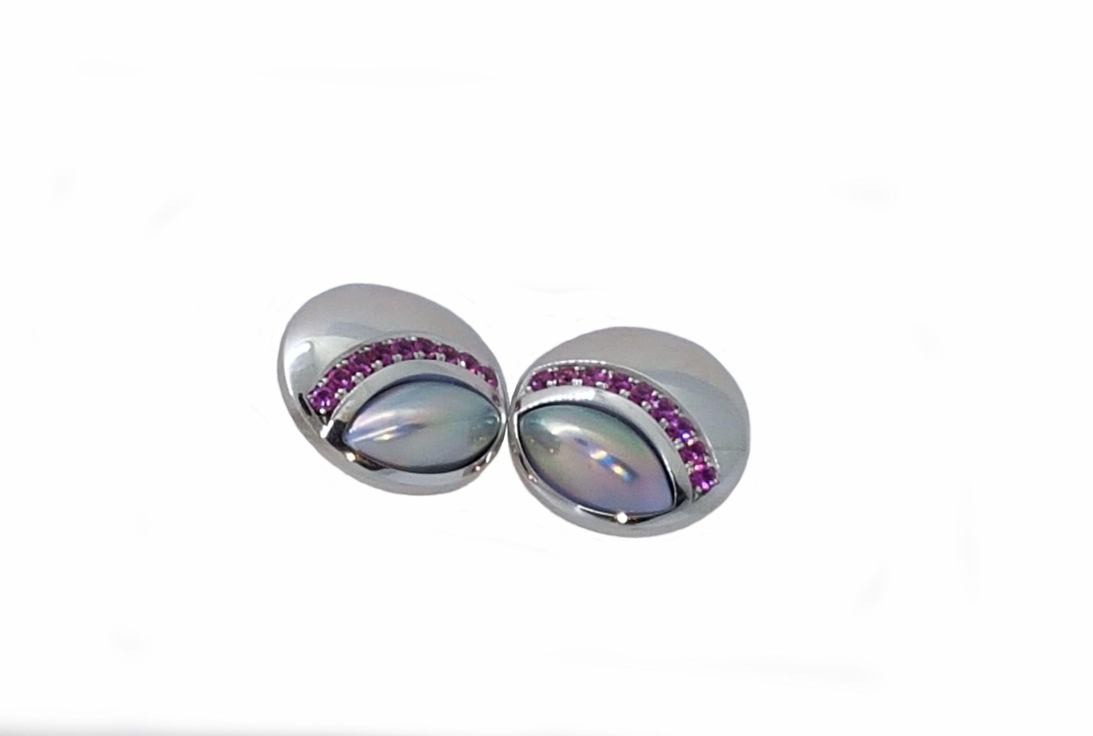 Brilliant Cut Mabé Pearl Pink Sapphire White Gold Earrings For Sale