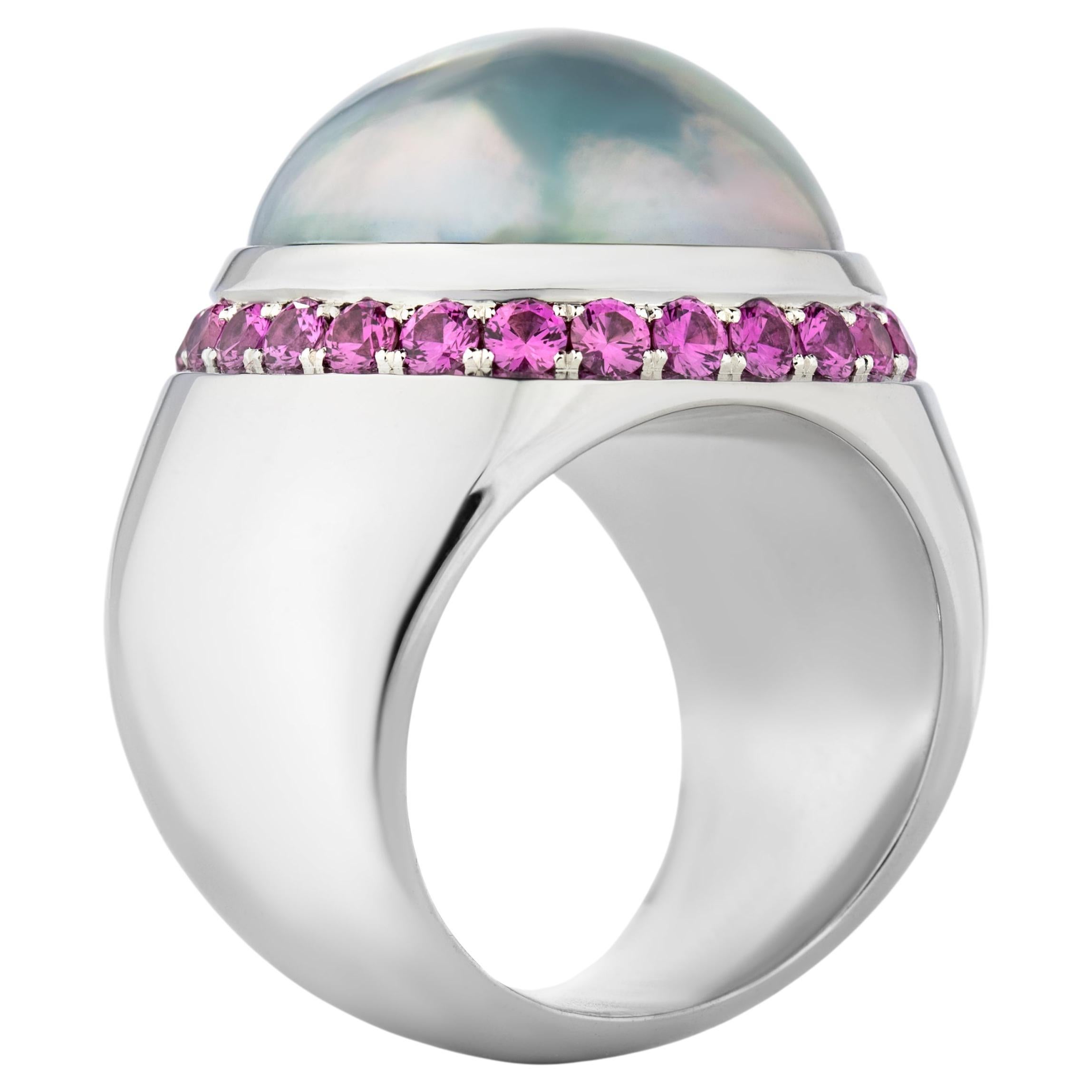 Mabé Pearl Pink Sapphire White Gold Ring For Sale 1