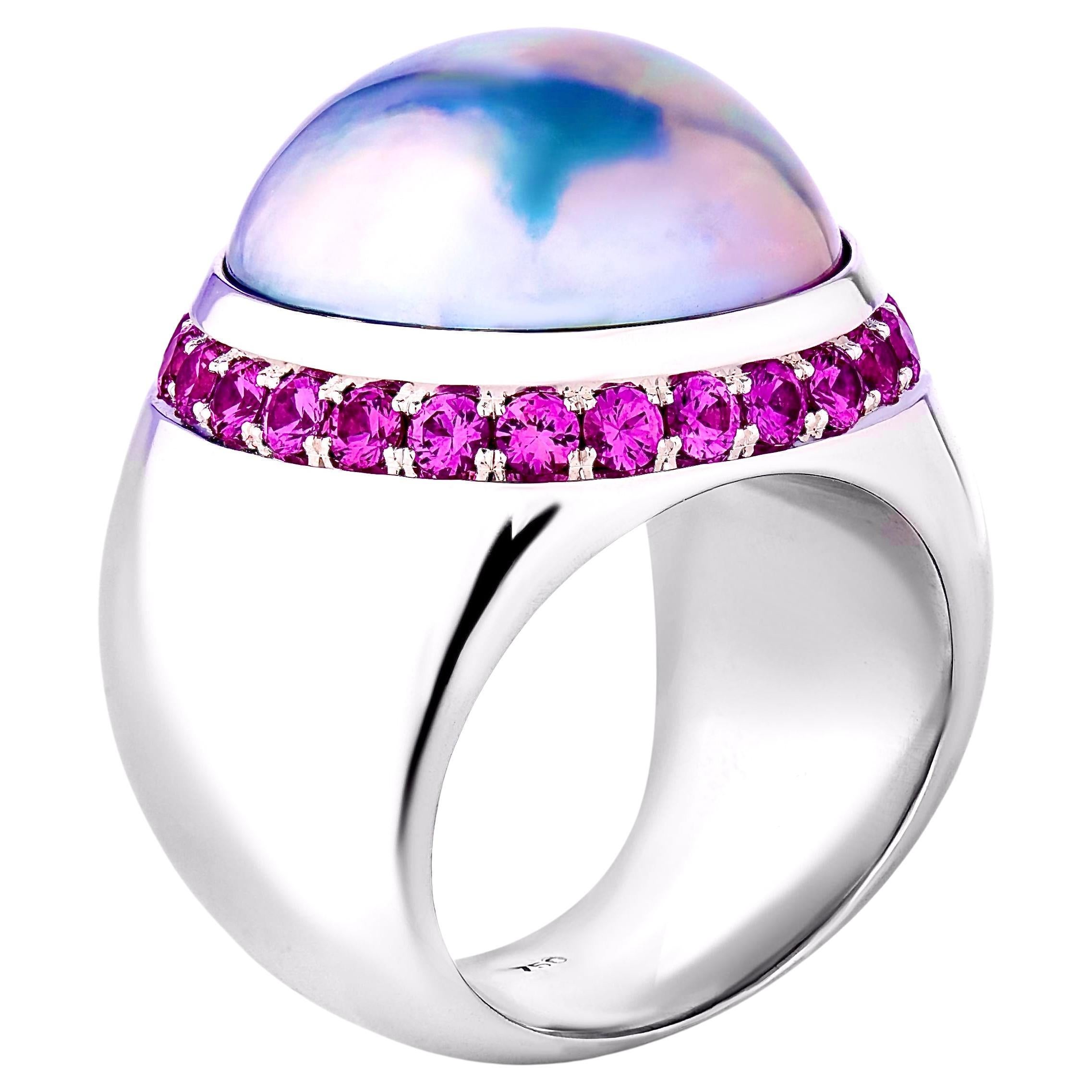 Mabé Pearl Pink Sapphire White Gold Ring For Sale