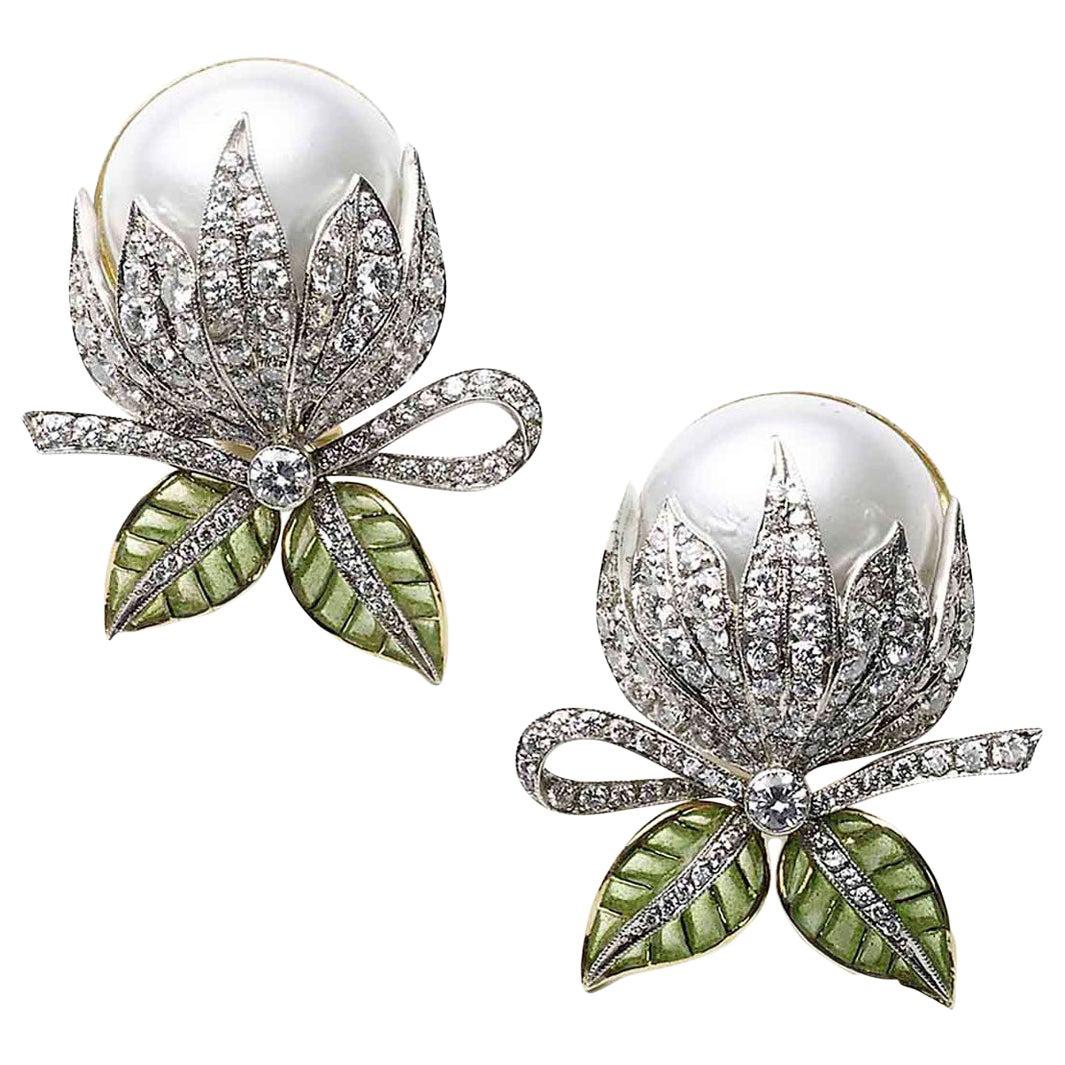 Mabe Pearl Plique-à-Jour Enamel Bud Flower Earrings