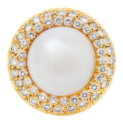 Mabe Pearl Ring with Full Cut Round Brilliant Halo Diamonds Set