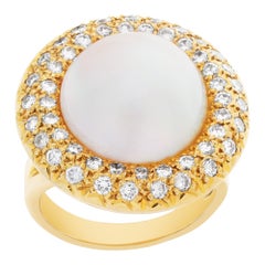 Vintage Mabe Pearl Ring with Full Cut Round Brilliant Halo Diamonds Set