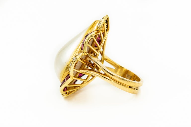 Mabe Pearl Ruby Diamond Gold Ring and Matching Slide Enhancer Pendant