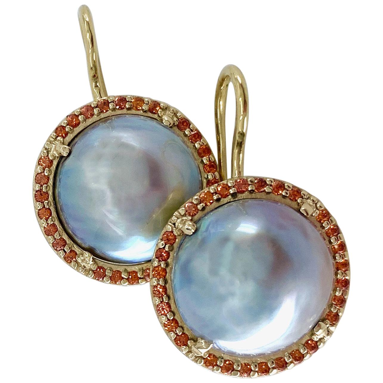 Mabe Pearl "Serendipity" Earrings with Orange Sapphire Halos in 18 Karat Gold For Sale