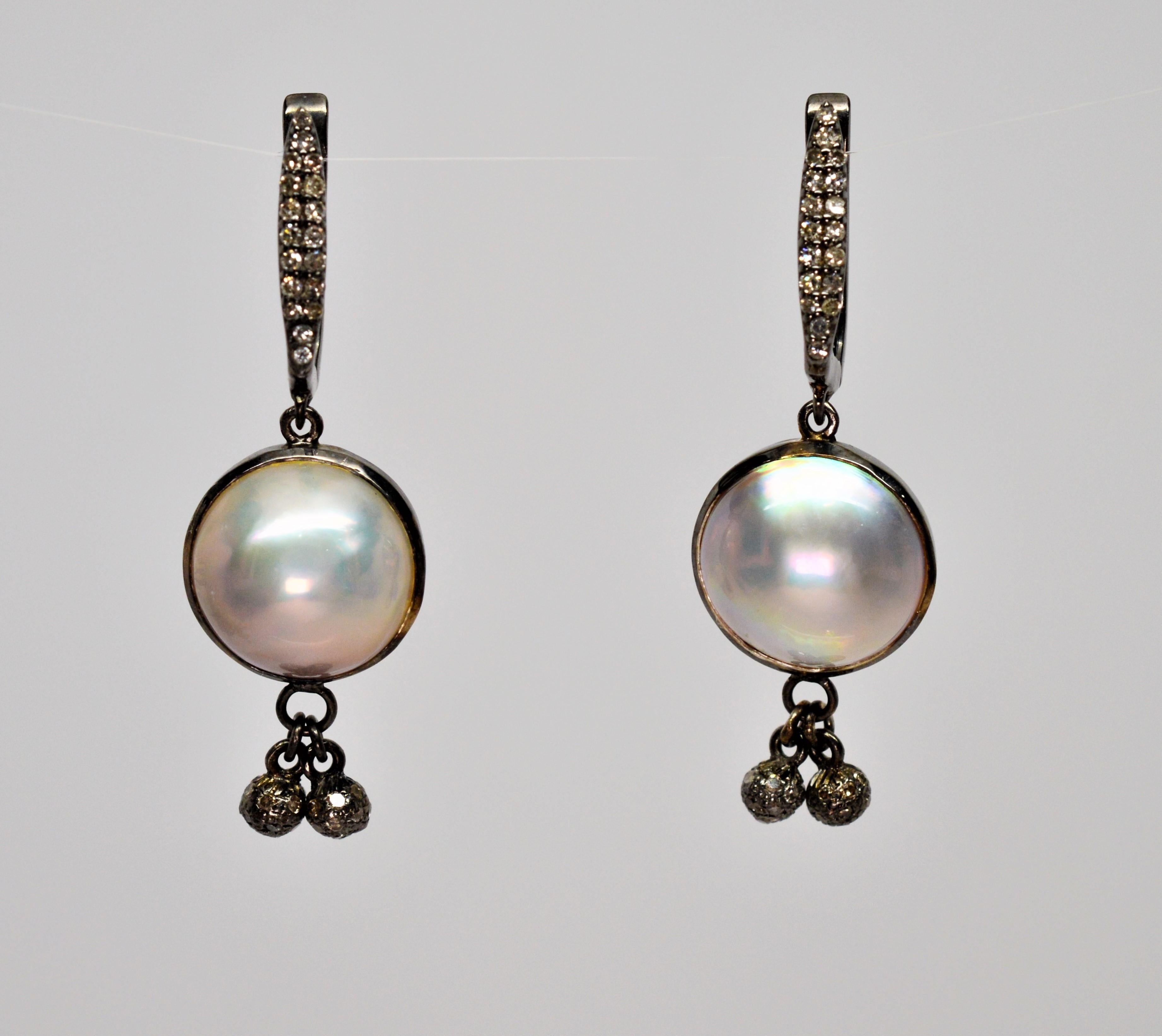 Women's Mabe Pearl Sterling Silver Diamond Drop Earrings