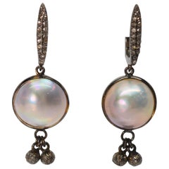Mabe Pearl Sterling Silver Diamond Drop Earrings