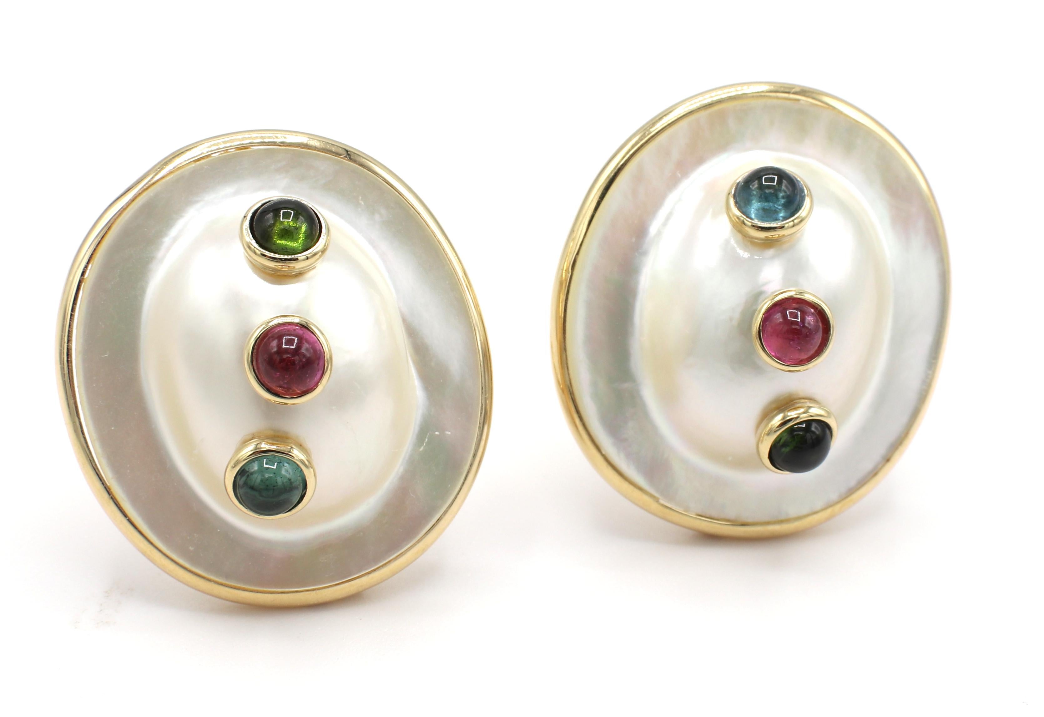 Mabe Pearl & Tourmaline 14 Karat Yellow Gold Clip Earrings 
Metal: 14k yellow gold
Weight: 14.88 grams
Length: 28mm 
Width: 25mm
Backs: Lever backs with optional post