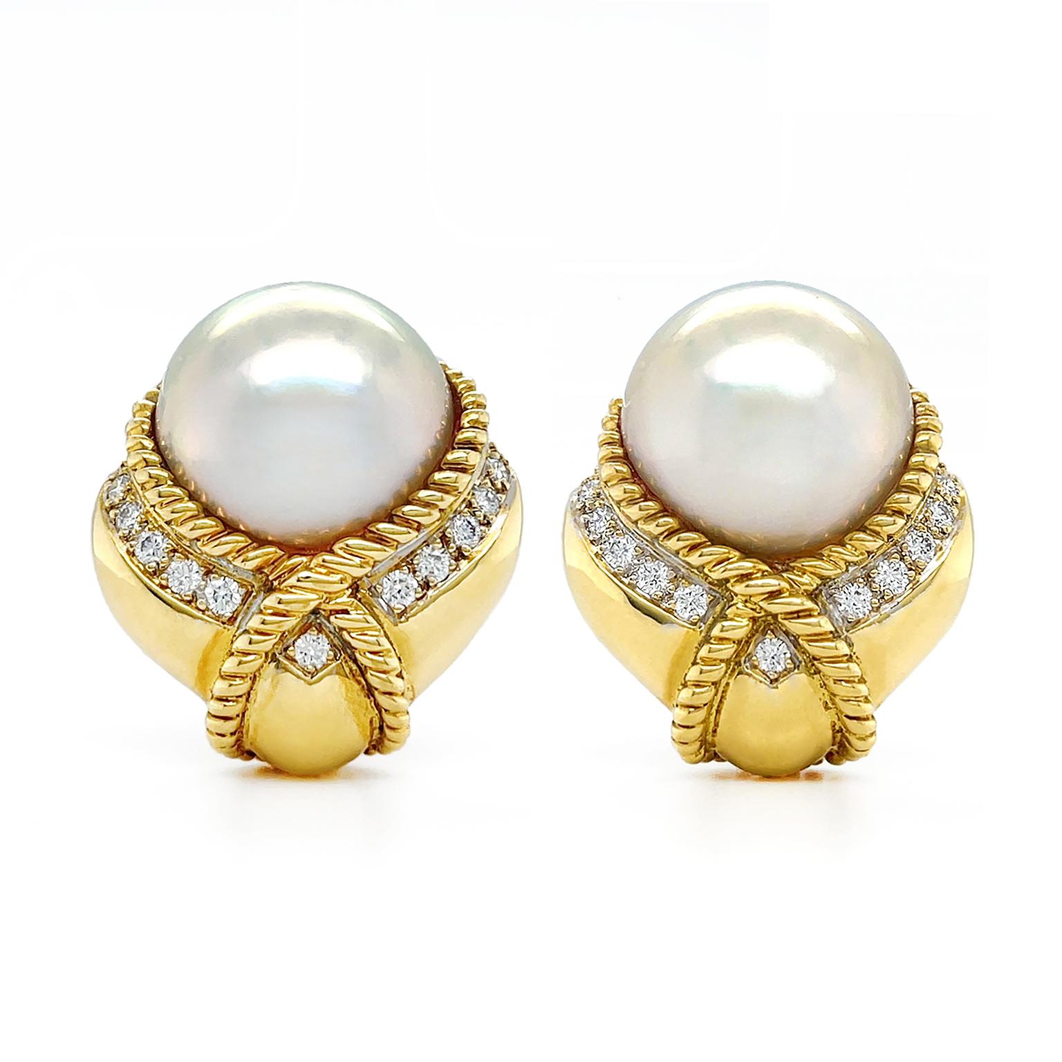 Brilliant Cut 18K Yellow Gold Mabe Pearl Diamond Rope Clip-on Earrings