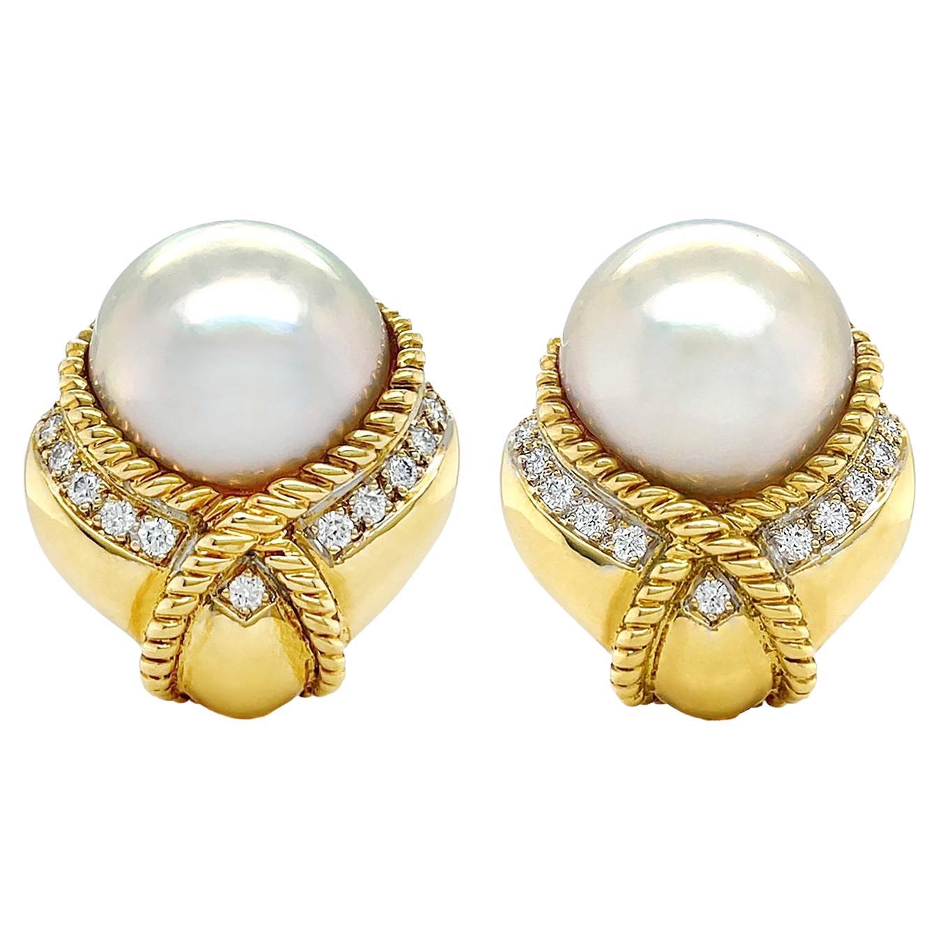 18K Yellow Gold Mabe Pearl Diamond Rope Clip-on Earrings