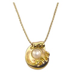 Mabe Pearl Wave Themed 18K Yellow Gold Pendant with 14 Karat Yellow Gold Chain