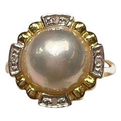 Mabe Pearl with 14k Yellow Gold Ring with Diamonds