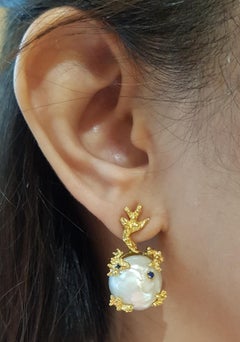 Mabe Pearl with Blue Sapphire Earrings Set in 18 Karat Gold Settings