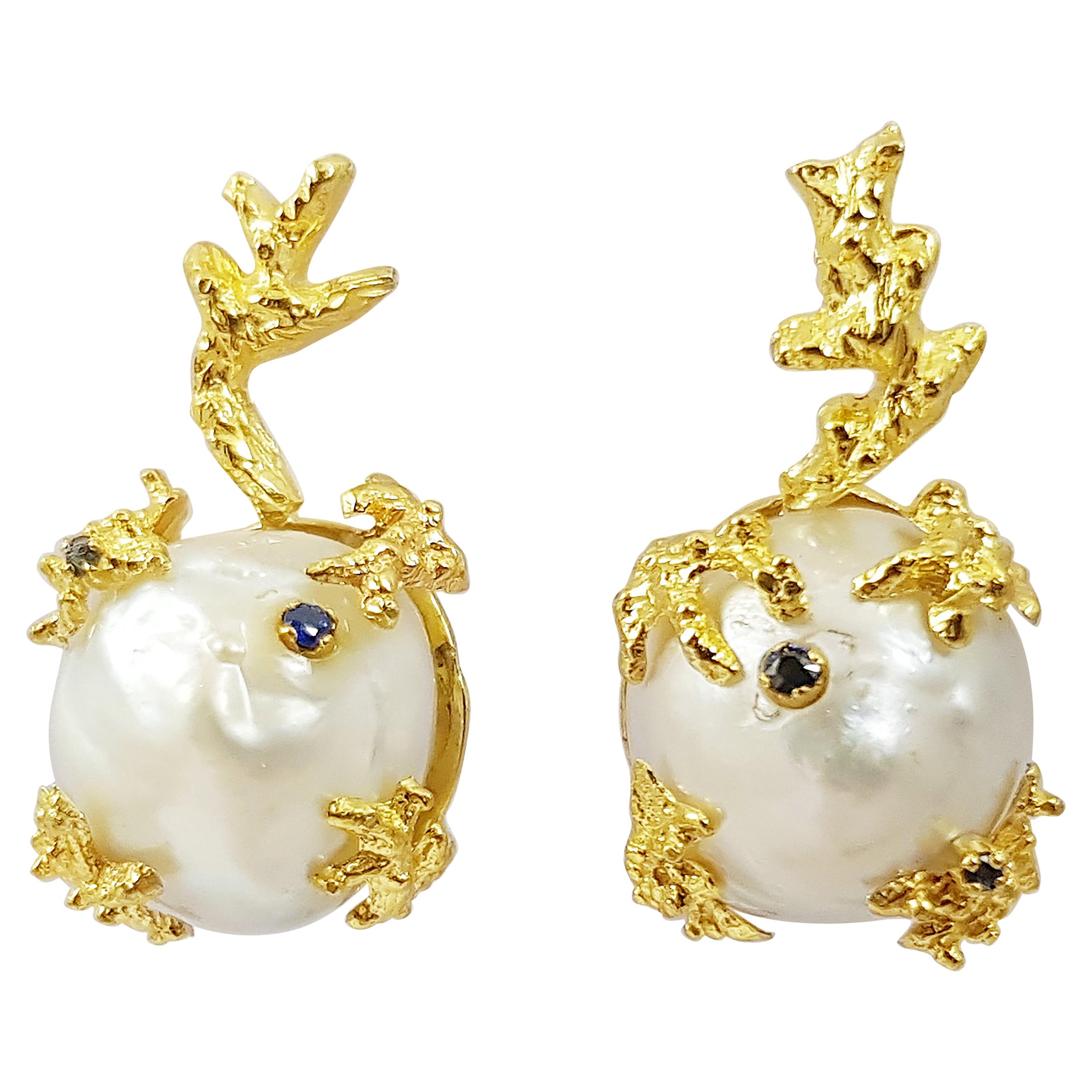 Mabe Pearl with Blue Sapphire Earrings Set in 18 Karat Gold Settings For Sale