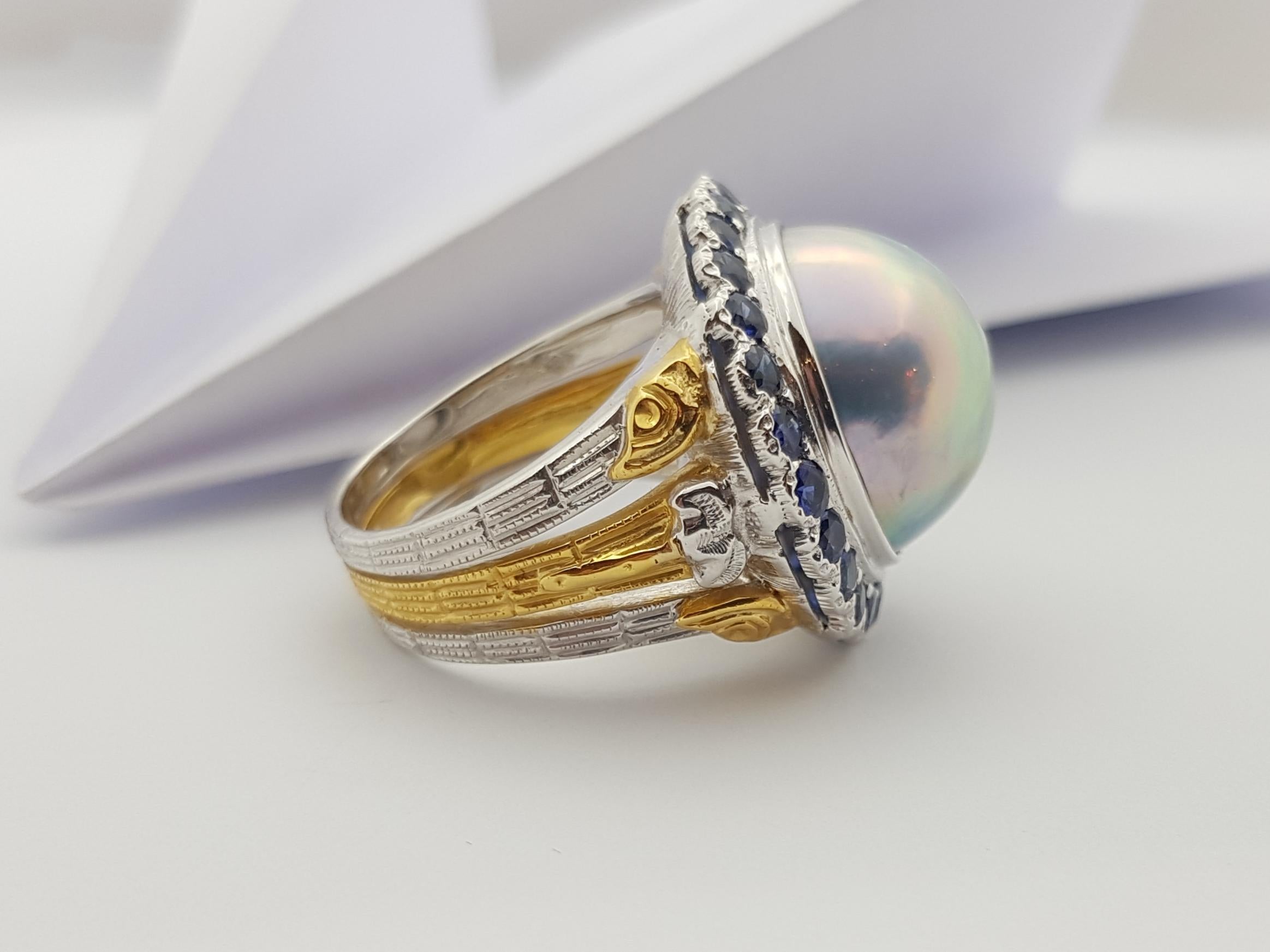 Ring aus 18 Karat Weißgold mit Mabe-Perle und blauem Saphir im Angebot 5