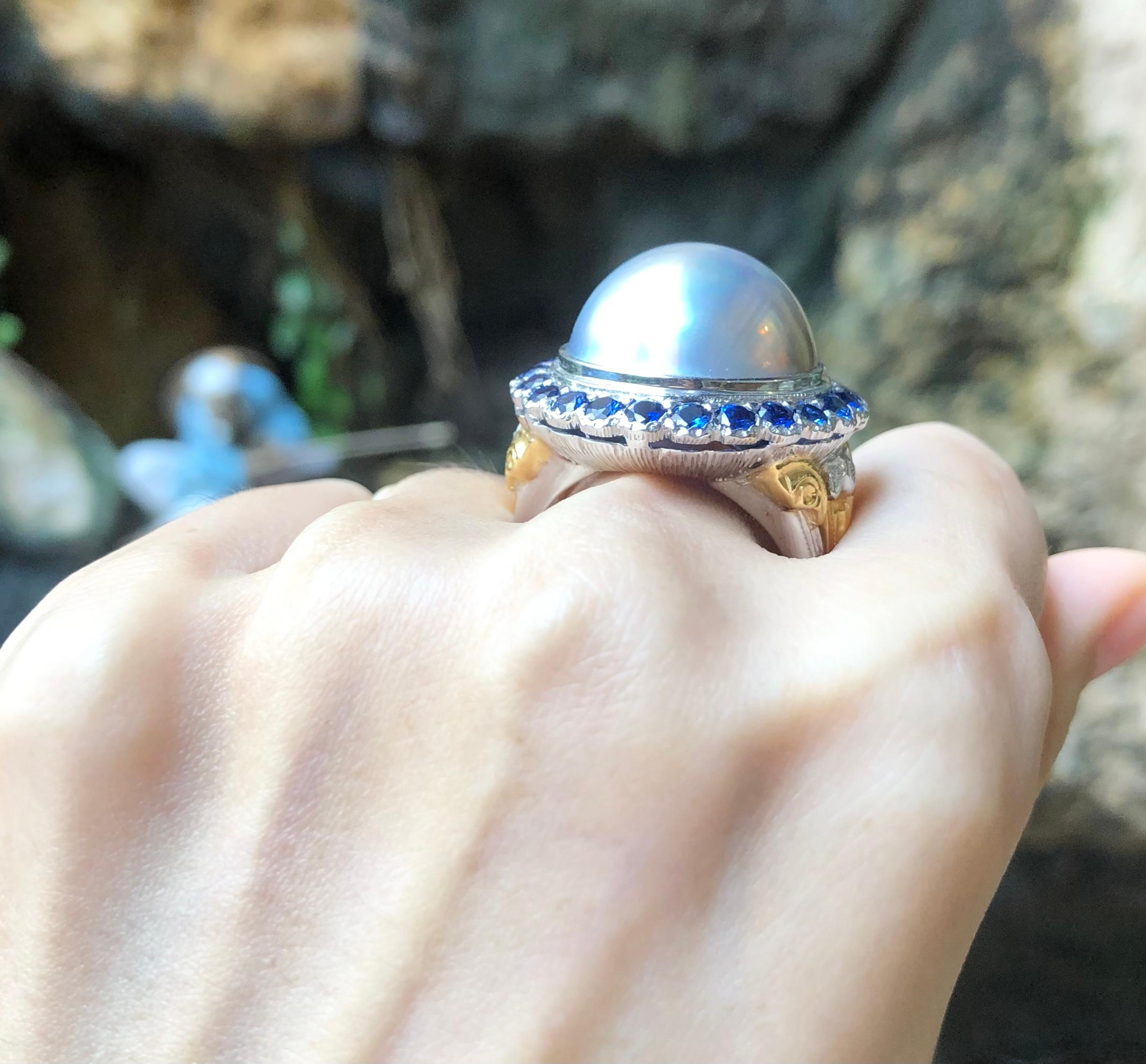 Baroque Mabe Pearl with Blue Sapphire Ring Set in 18 Karat White Gold Setting For Sale