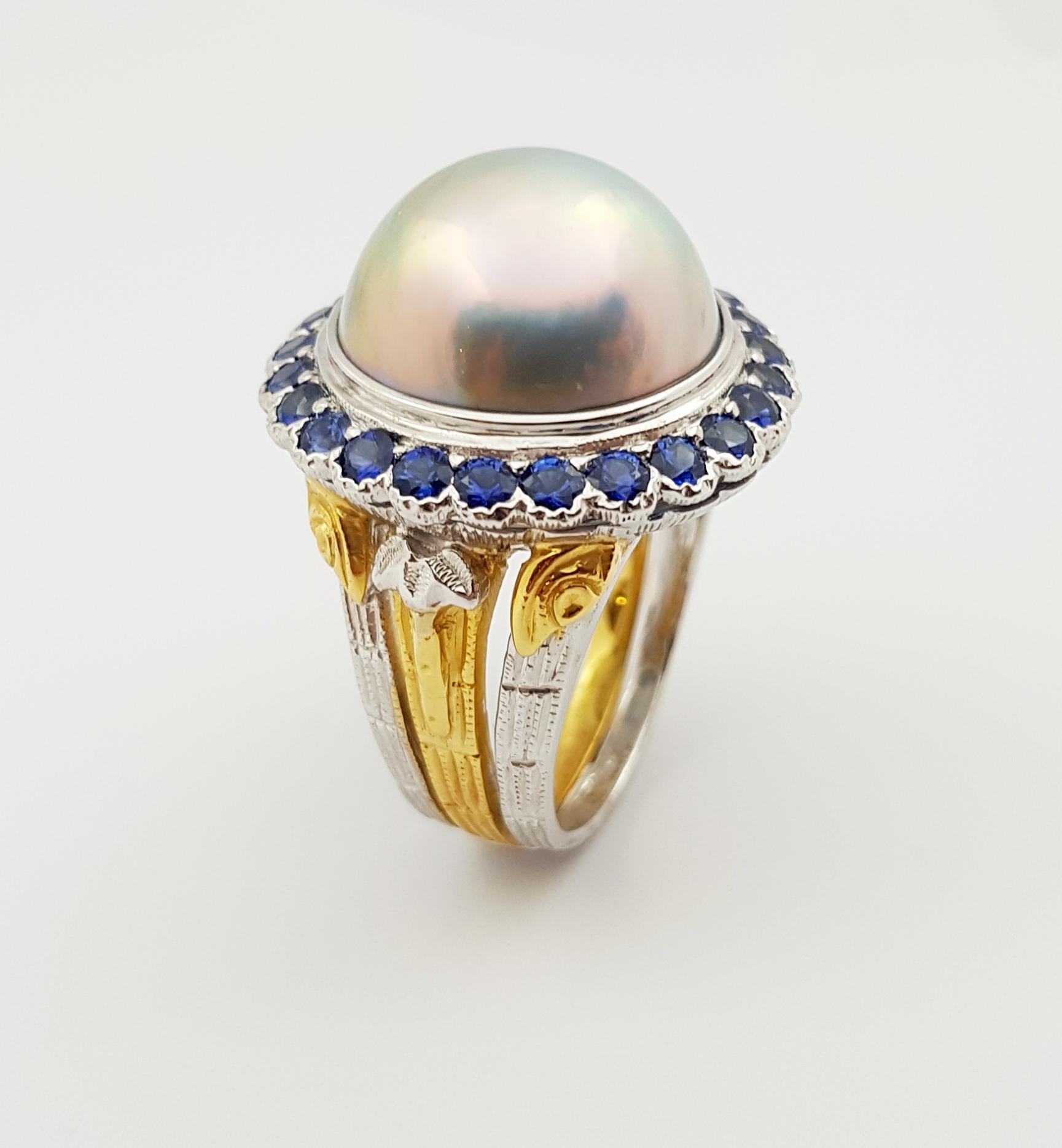 Round Cut Mabe Pearl with Blue Sapphire Ring Set in 18 Karat White Gold Setting For Sale