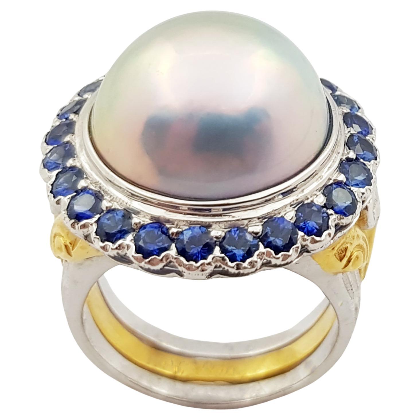 Mabe Pearl with Blue Sapphire Ring Set in 18 Karat White Gold Setting For Sale