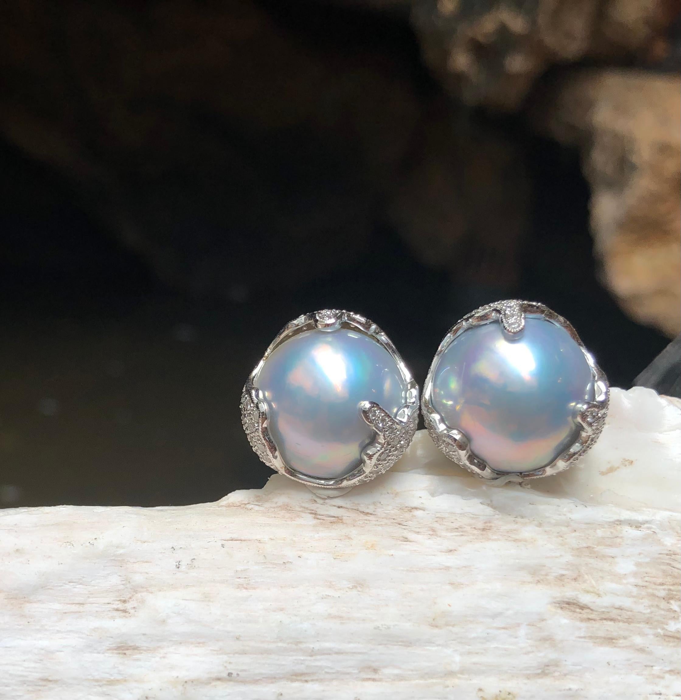 Contemporary Mabe Pearl with Diamond Earrings Set in 18 Karat White Gold Settings For Sale