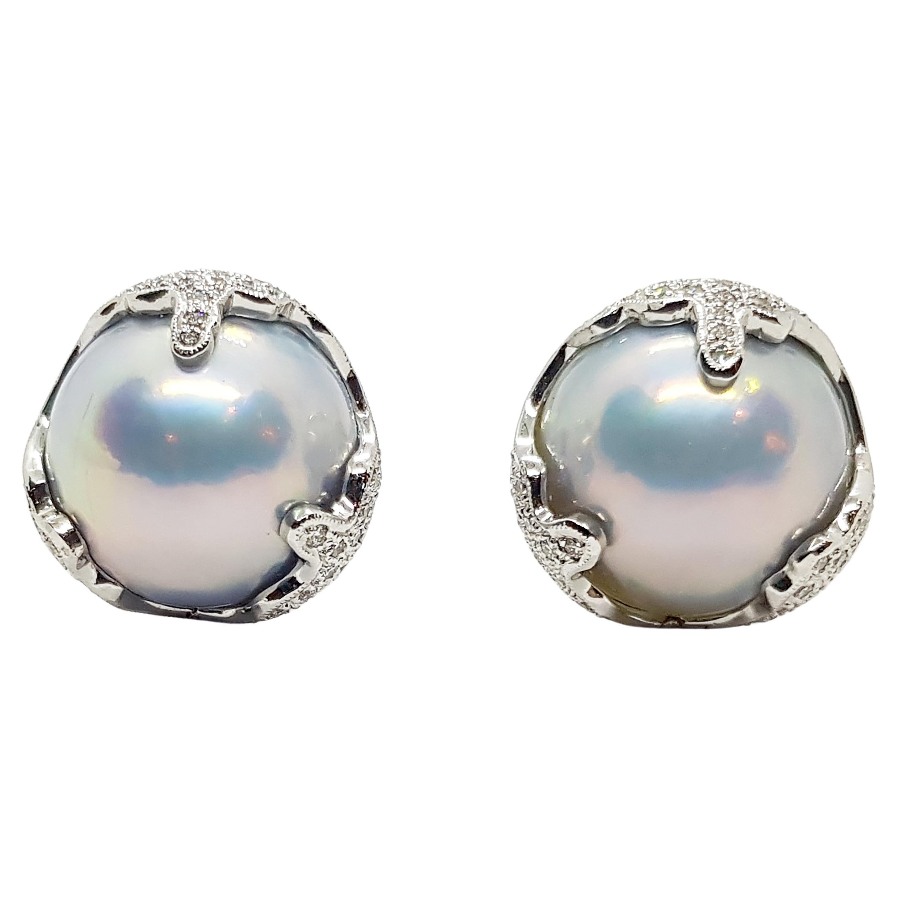 Mabe Pearl with Diamond Earrings Set in 18 Karat White Gold Settings For Sale