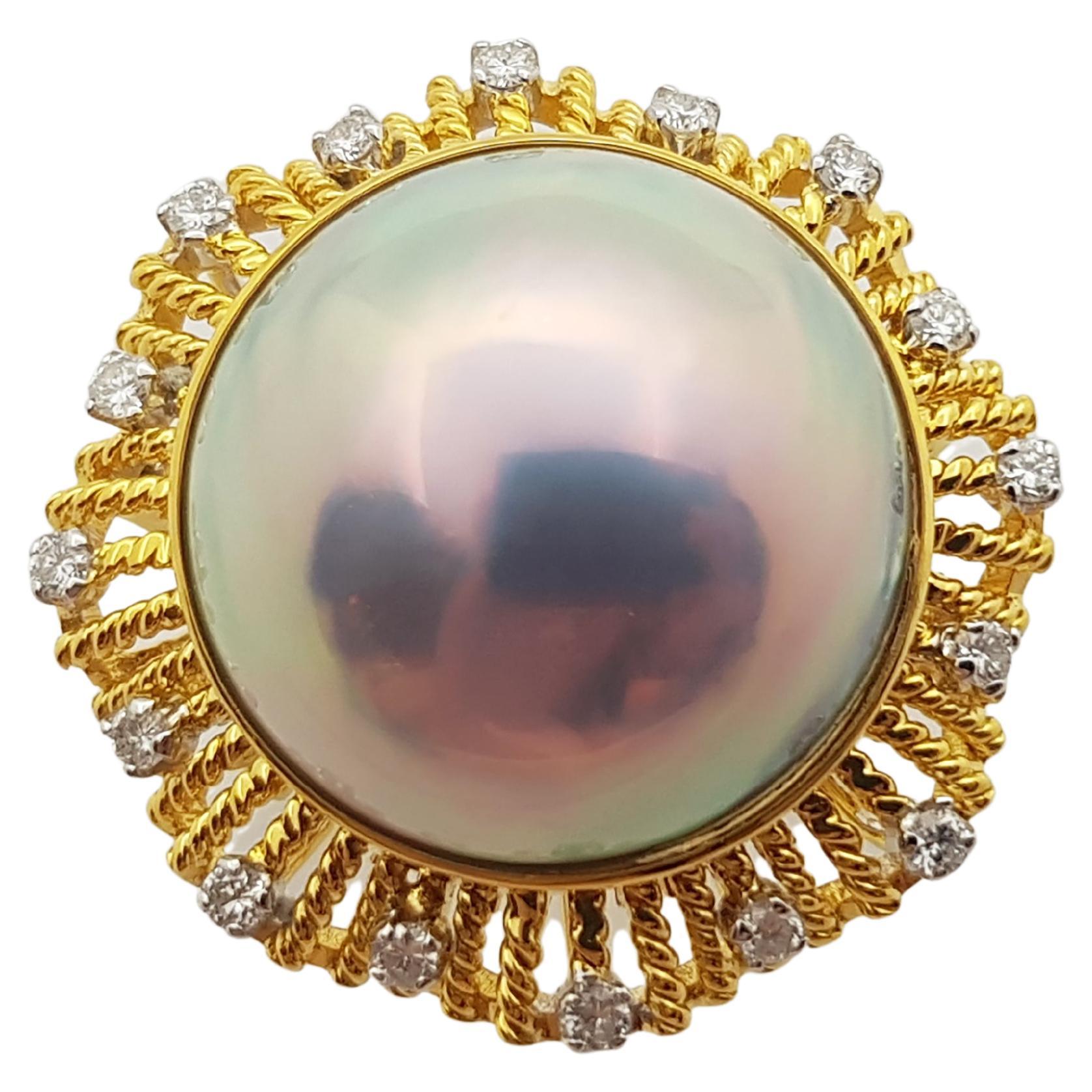Mabe Pearl with Diamond Ring Set in 18 Karat Gold Settings For Sale