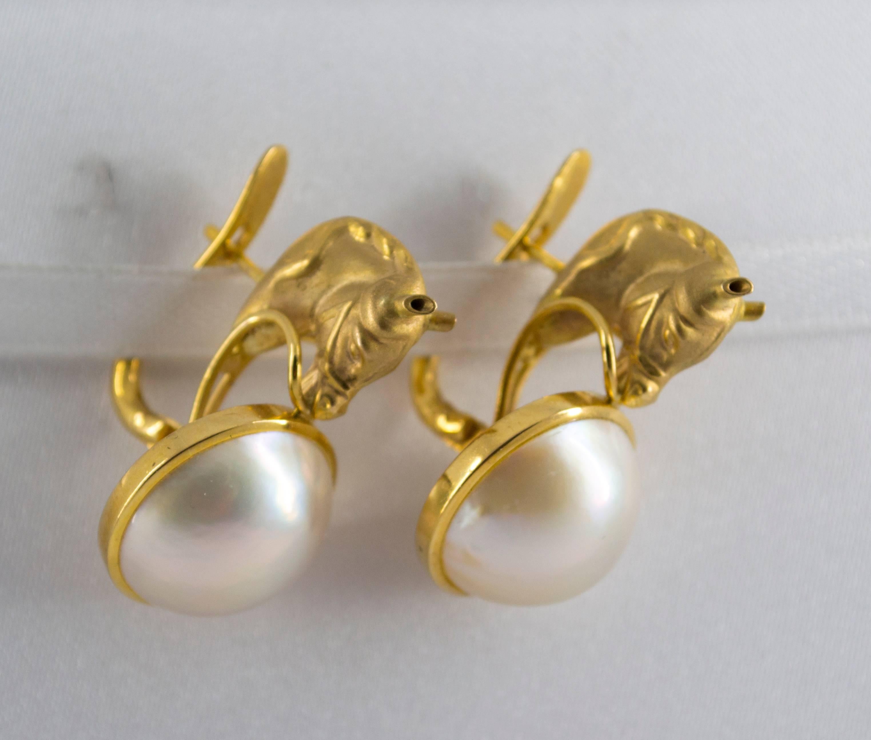 Modern Mabe Pearl Yellow Gold Horses Lever-Back Dangle Earrings 1