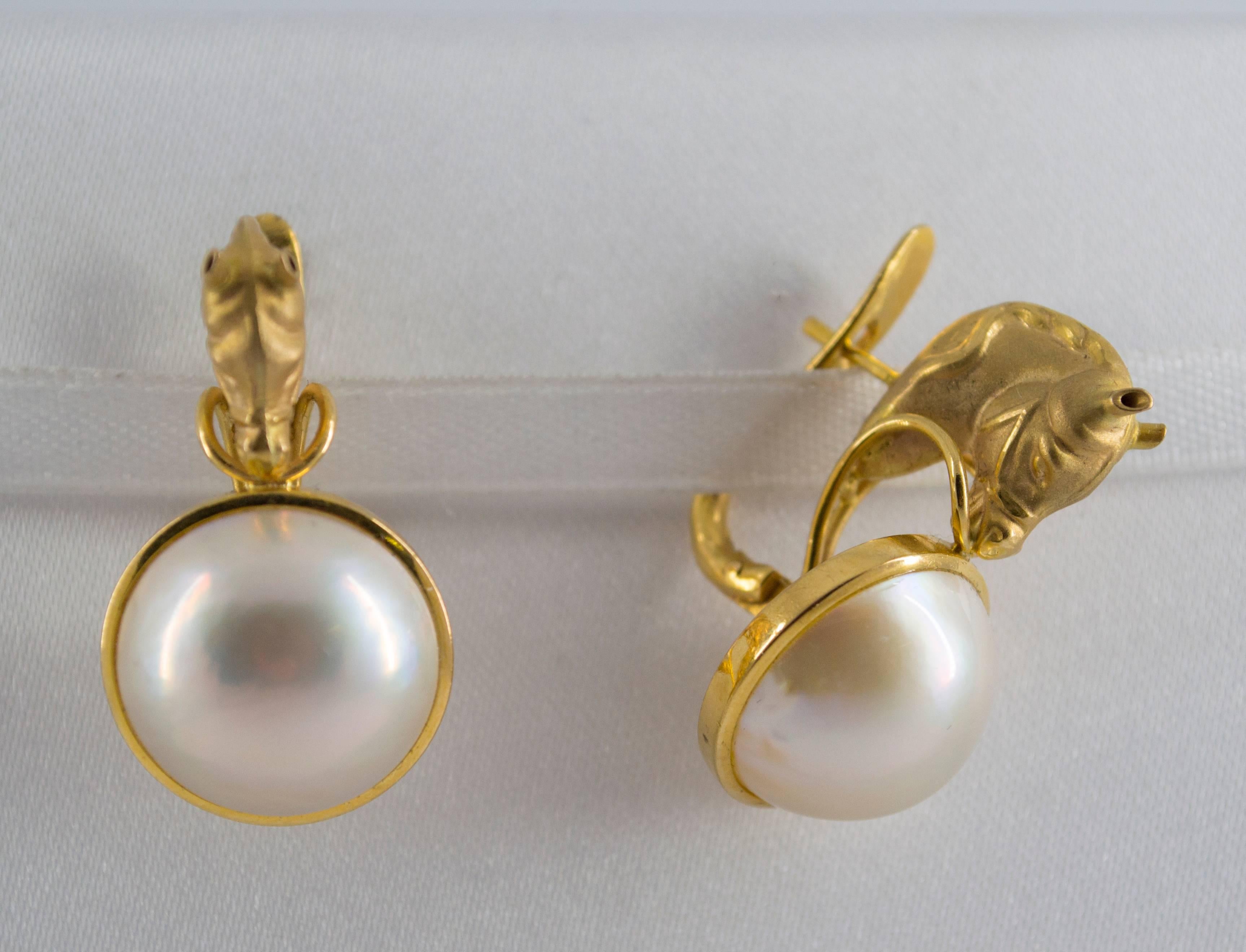 Modern Mabe Pearl Yellow Gold Horses Lever-Back Dangle Earrings 2