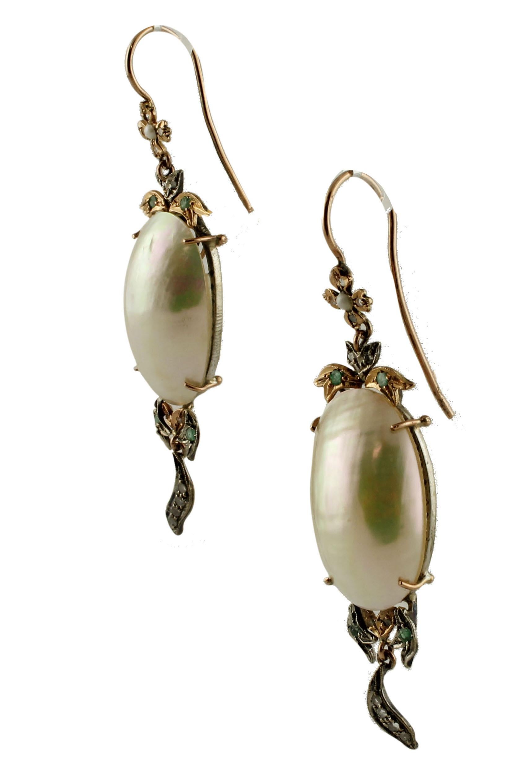 Retro Mabe Pearls, Diamonds, Emeralds, 9 Karat Rose Gold and Silver Dangle Earrings