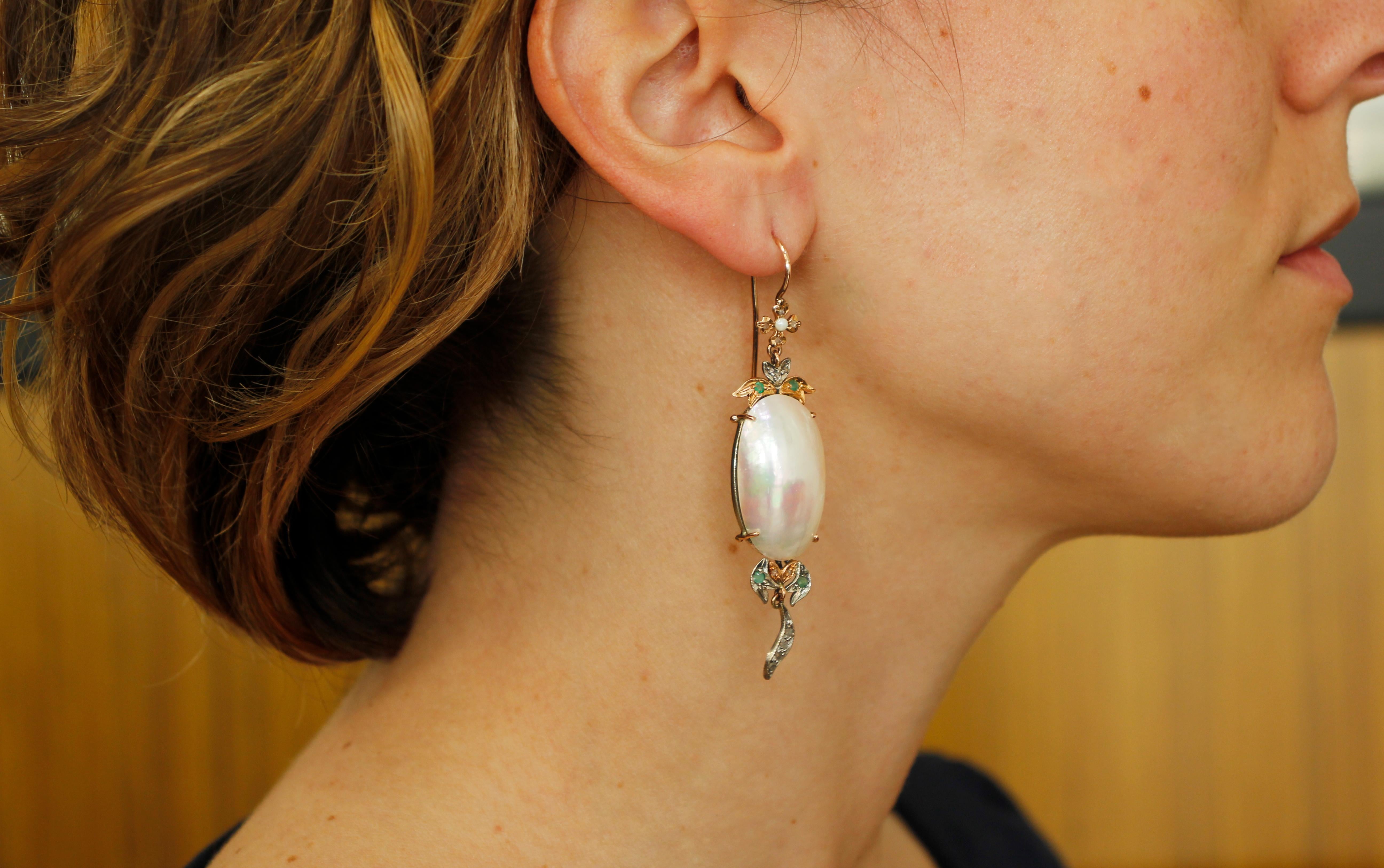 Women's Mabe Pearls, Diamonds, Emeralds, 9 Karat Rose Gold and Silver Dangle Earrings