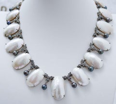 Mabé Pearls, Diamonds, Grey Pearls, Rose Gold and Silver Necklace.