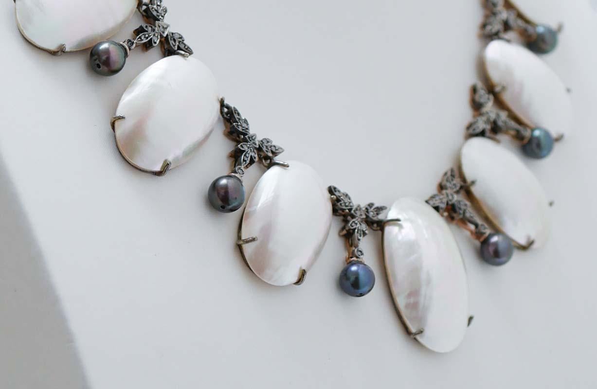 Retro Mabé Pearls, Diamonds, Grey Pearls, Rose Gold and Silver Necklace. For Sale