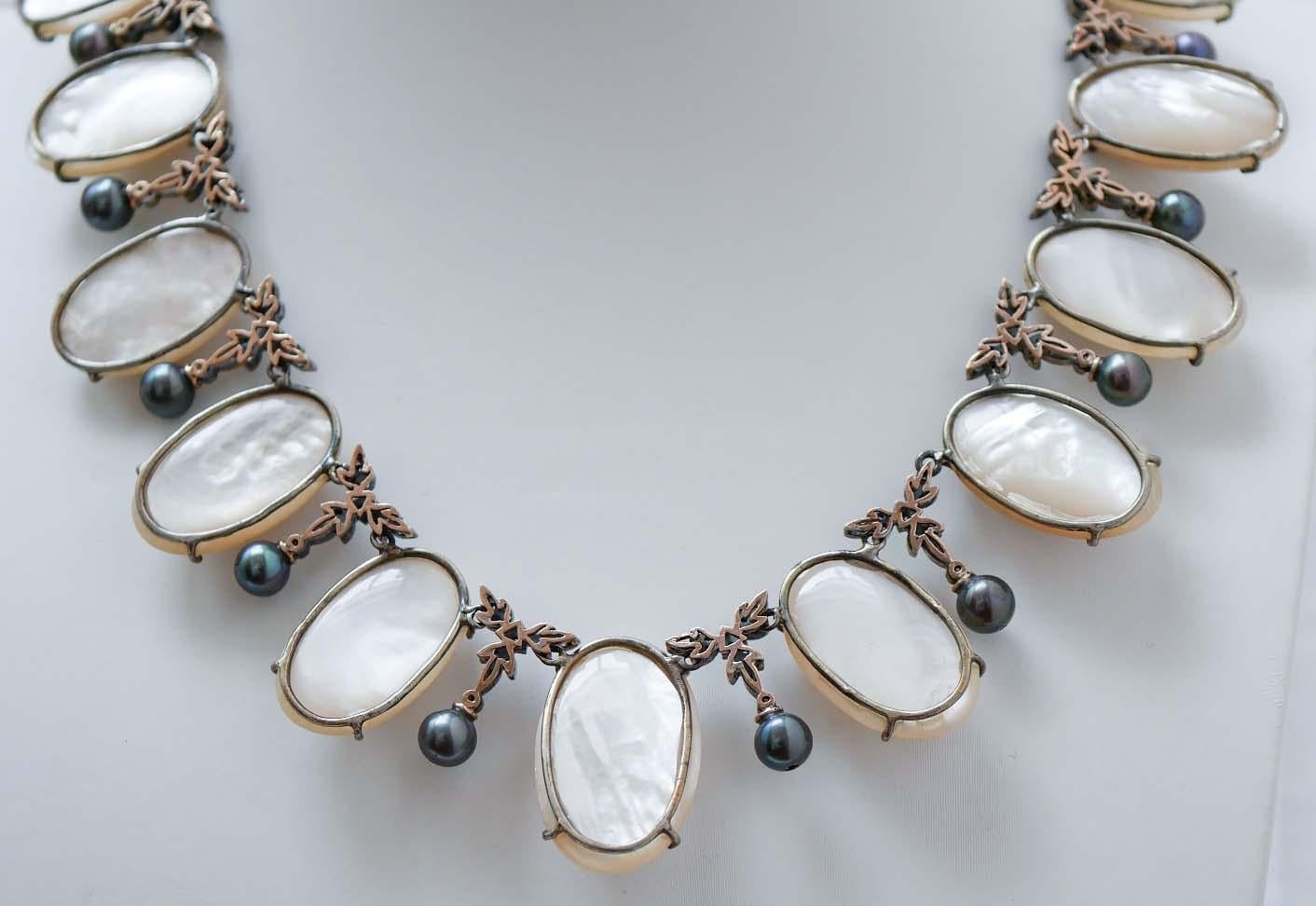 Mixed Cut Mabé Pearls, Diamonds, Grey Pearls, Rose Gold and Silver Necklace. For Sale