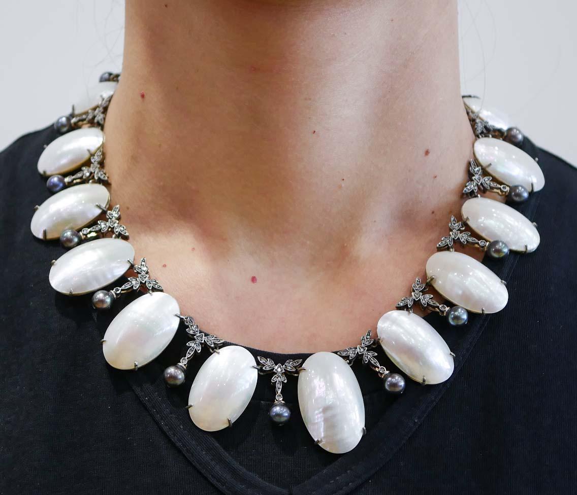 Women's Mabé Pearls, Diamonds, Grey Pearls, Rose Gold and Silver Necklace. For Sale