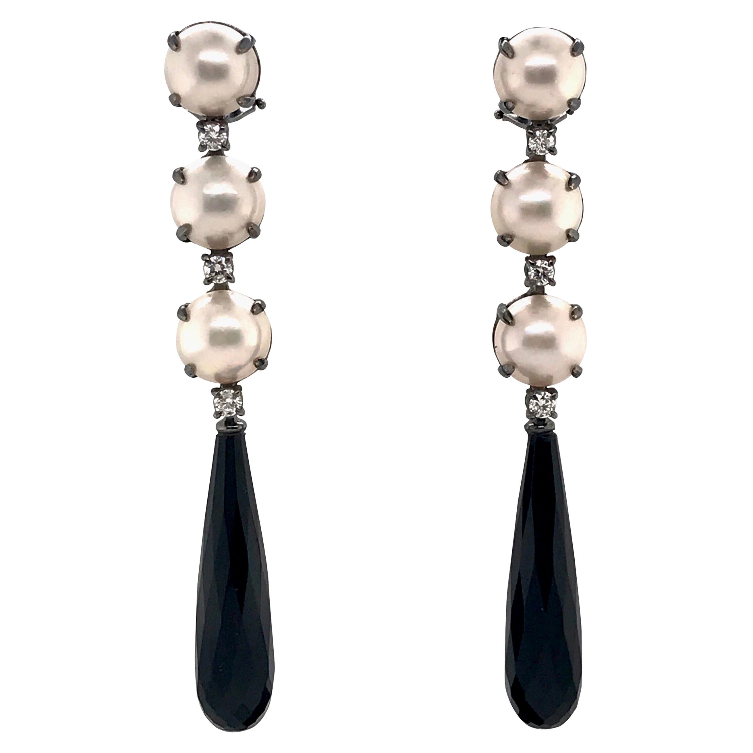 Chandelier Earring Mabe South Sea Pearls Diamonds Agate Black Gold 18 Karat 
