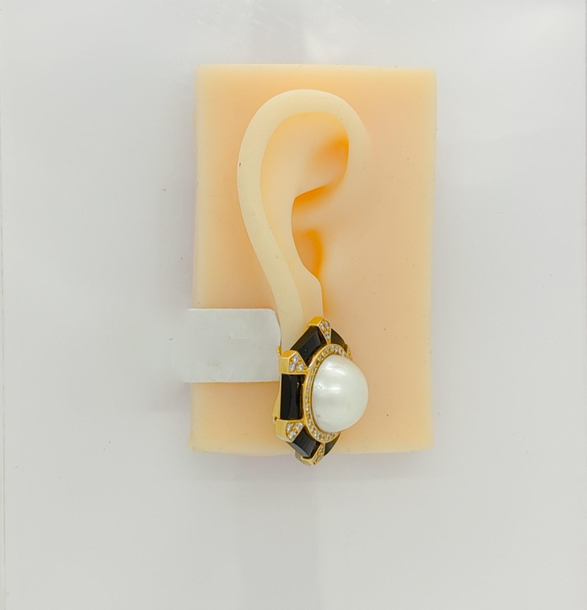 Round Cut Mabe White Pearl with Round Diamond and Onyx Earrings in 18K Yellow Gold For Sale