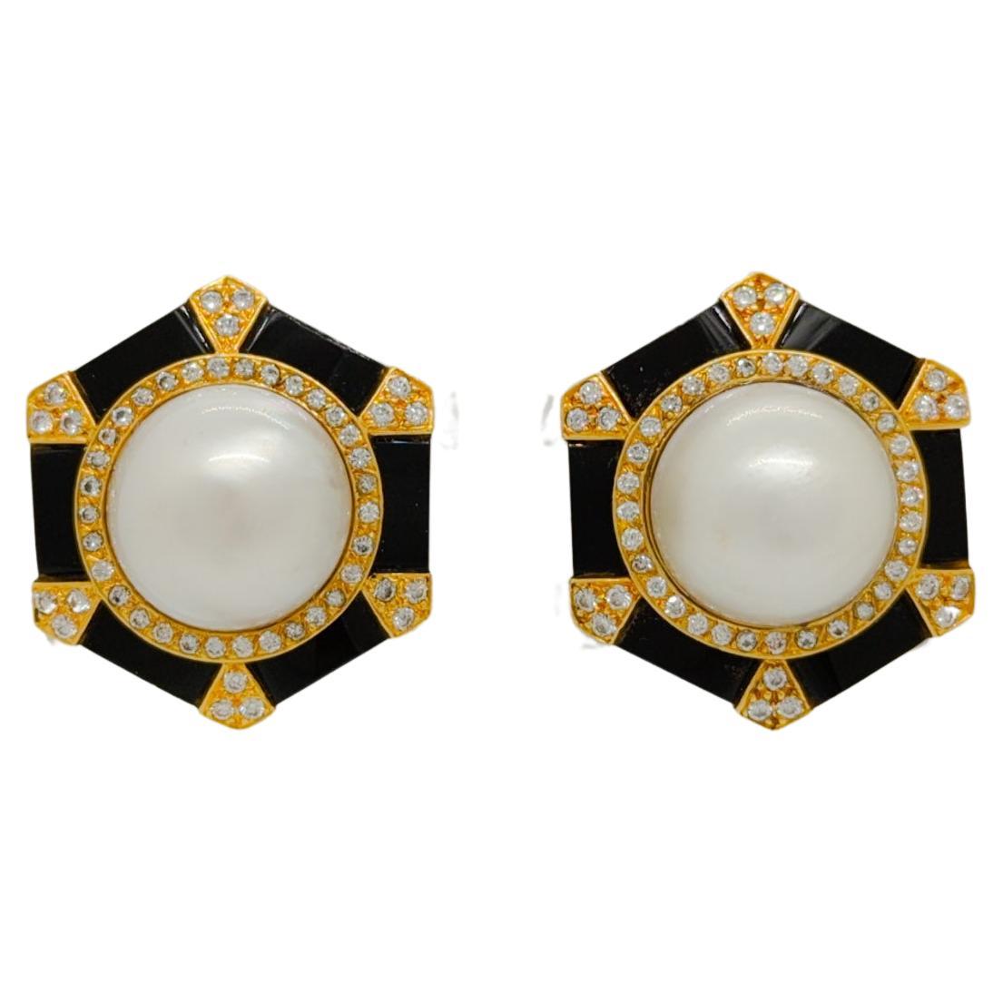 Mabe White Pearl with Round Diamond and Onyx Earrings in 18K Yellow Gold