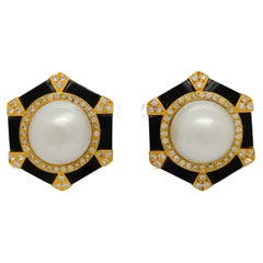 Mabe White Pearl with Round Diamond and Onyx Earrings in 18K Yellow Gold