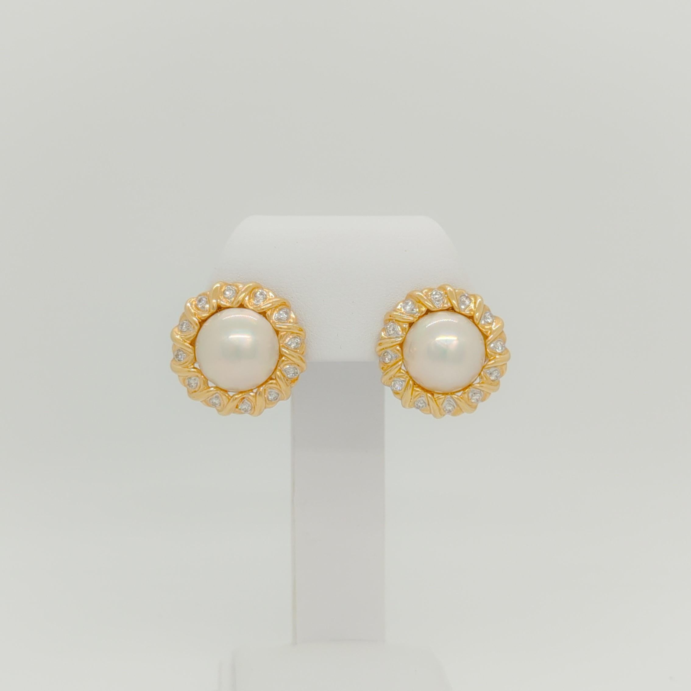 Women's or Men's Mabe White Pearl with Round Diamond Lever Back Earrings in 14K Yellow Gold For Sale