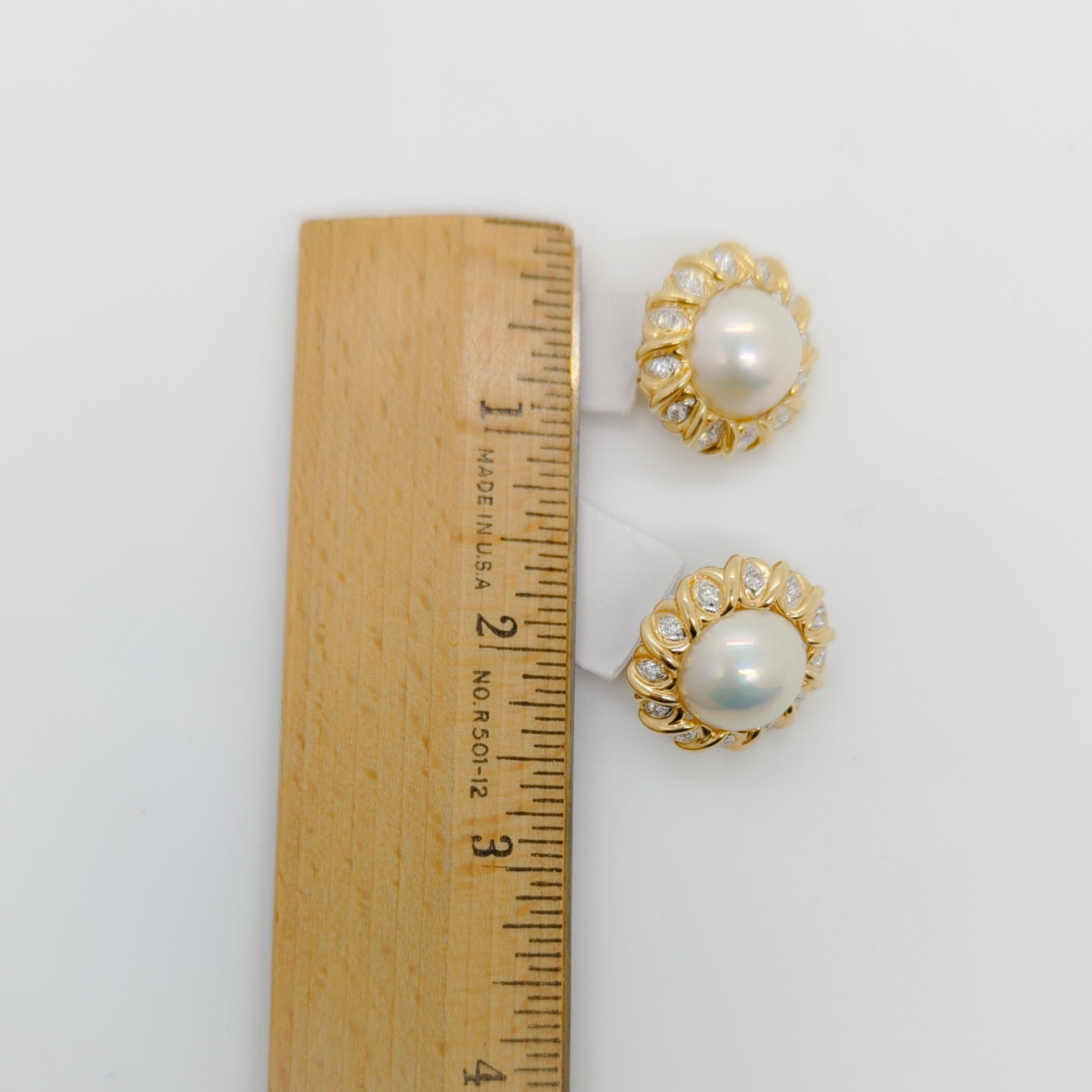 Mabe White Pearl with Round Diamond Lever Back Earrings in 14K Yellow Gold For Sale 1