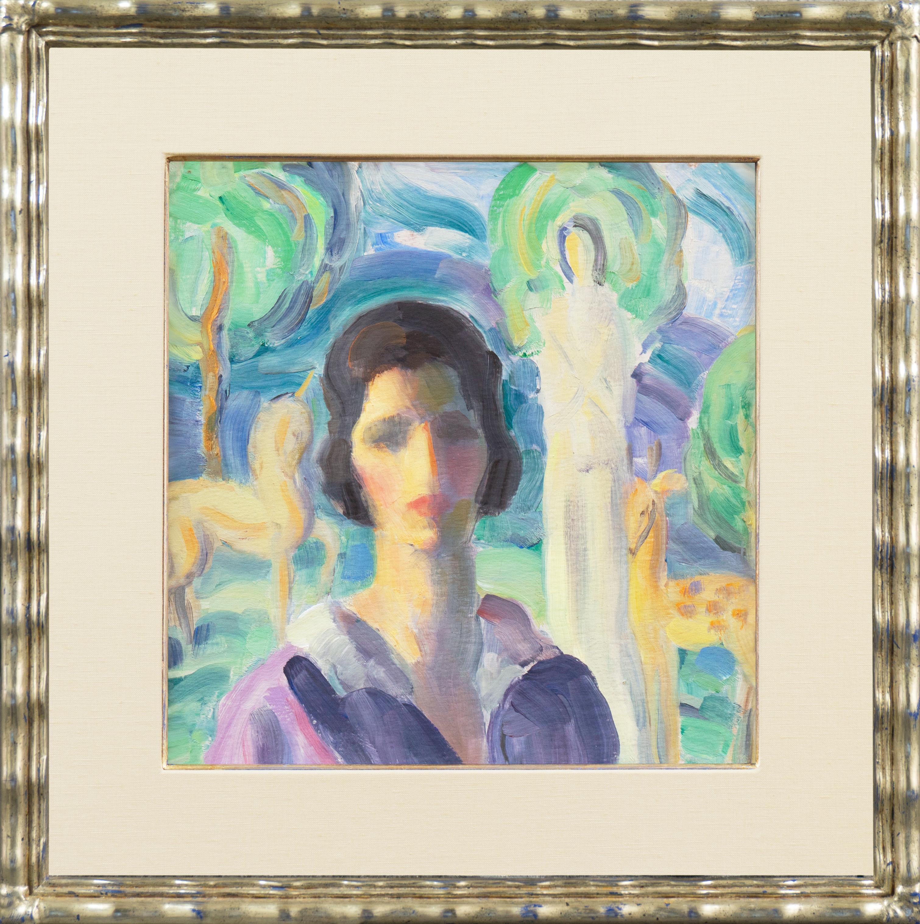 'Artist Self Portrait with Unicorn and Fawn', California Transcendentalist Woman - Painting by Mabel Alvarez