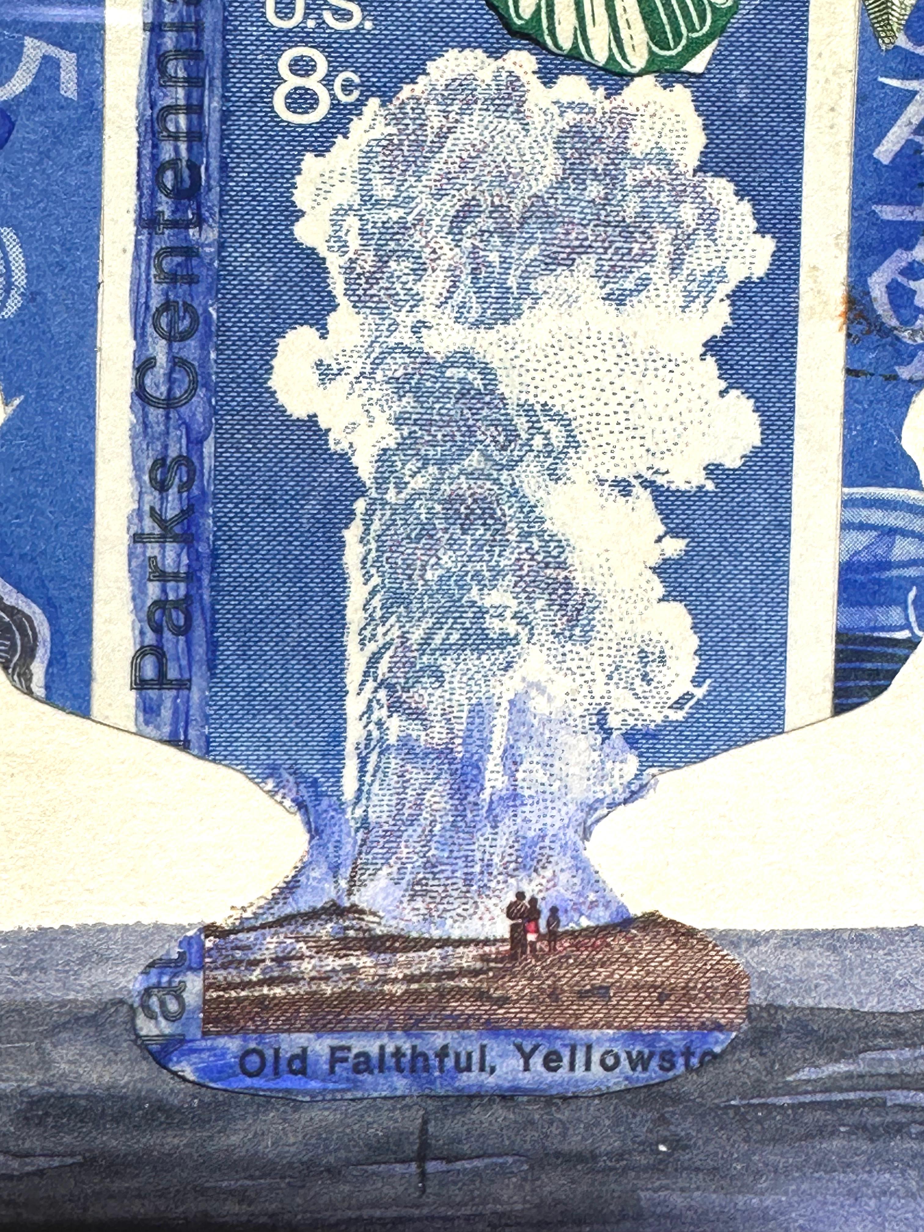 Nature morte florale timbre-poste Collage surréaliste peinture - Surréalisme Mixed Media Art par Mabel Barnsbee