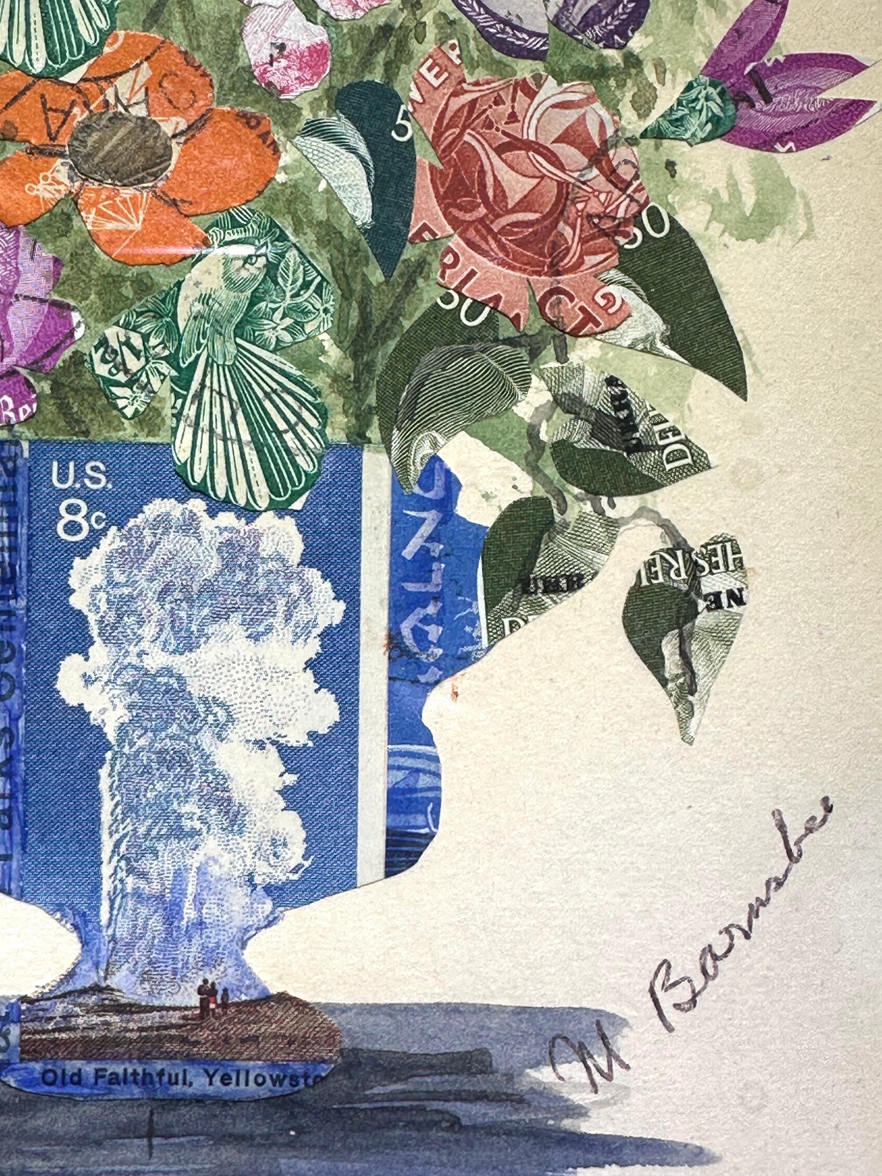 Nature morte florale timbre-poste Collage surréaliste peinture en vente 1