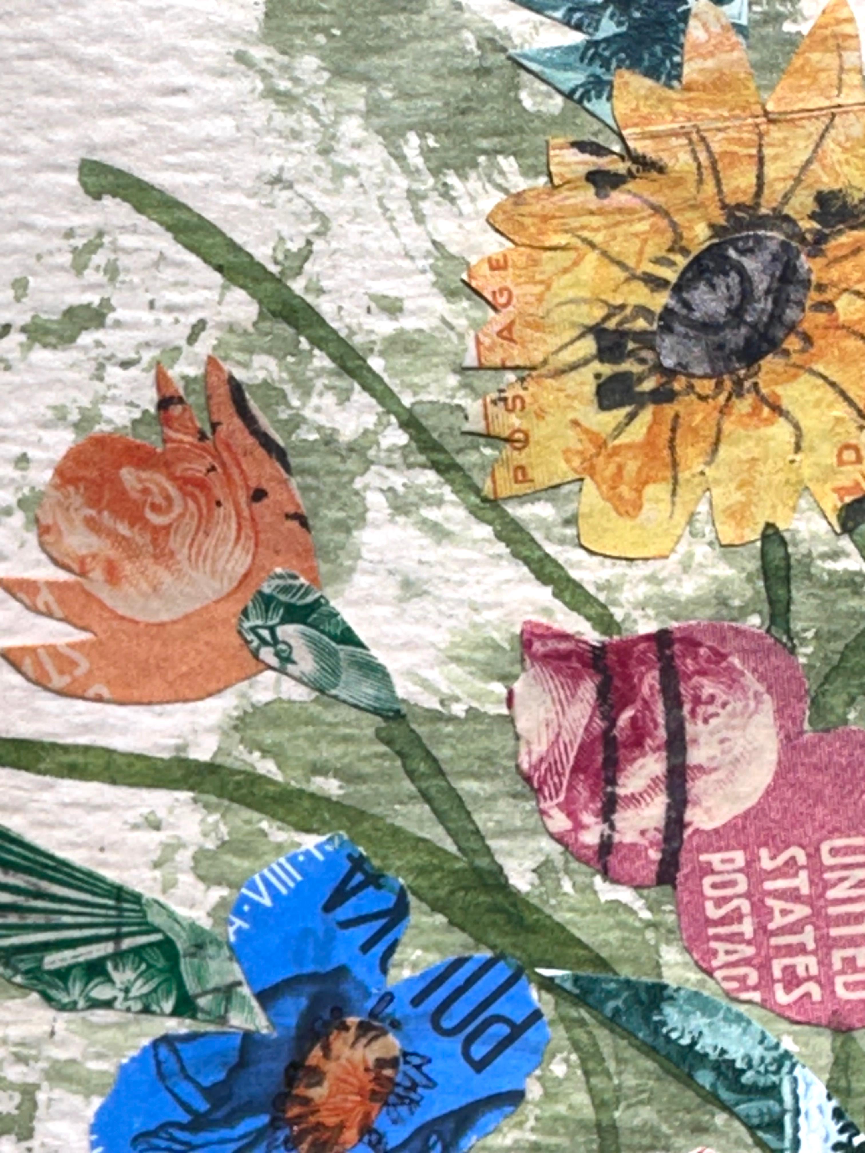 Florales Stillleben Briefmarke Surrealistische Collage Malerei im Angebot 3
