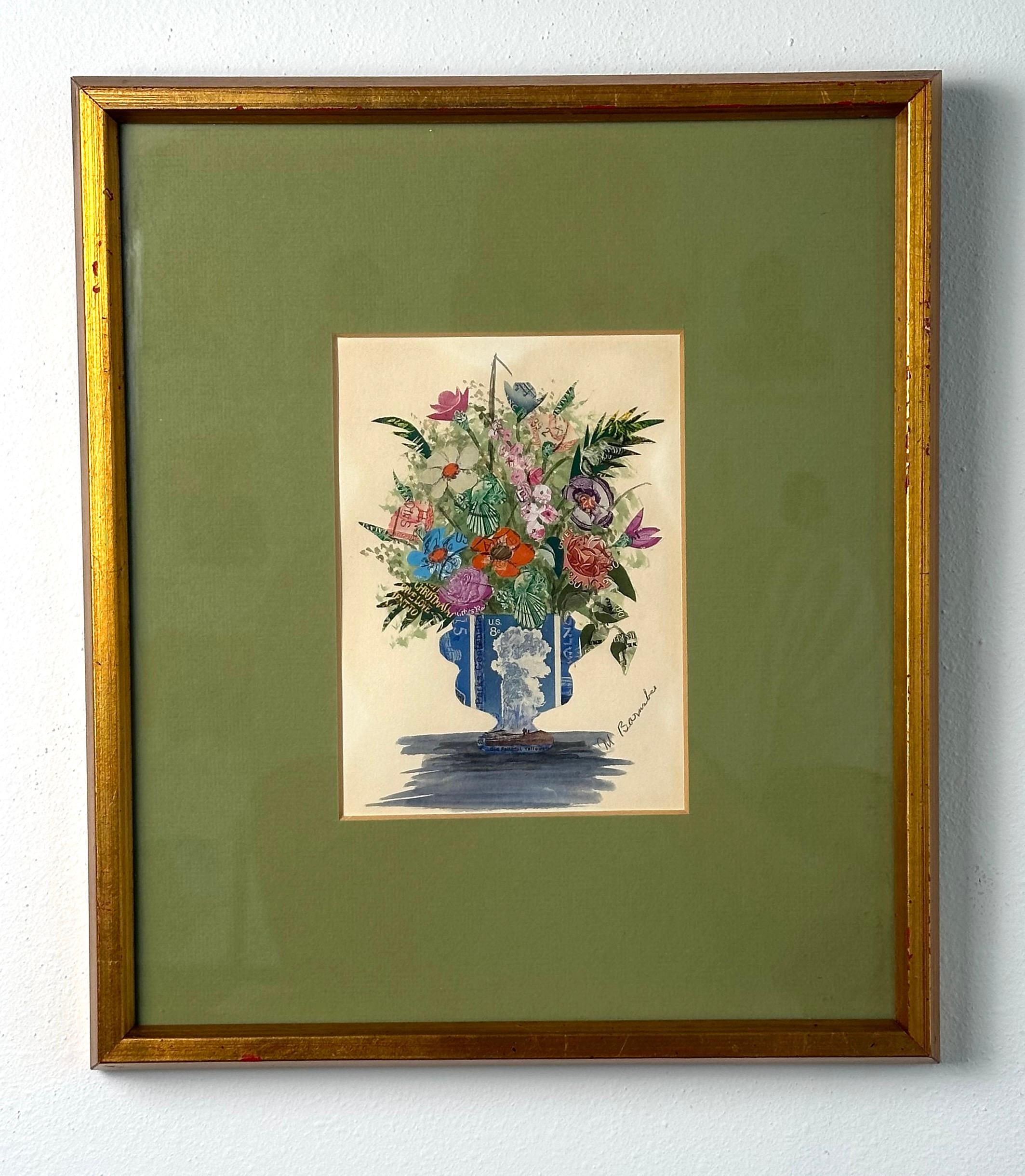 Nature morte florale timbre-poste Collage surréaliste peinture en vente 3