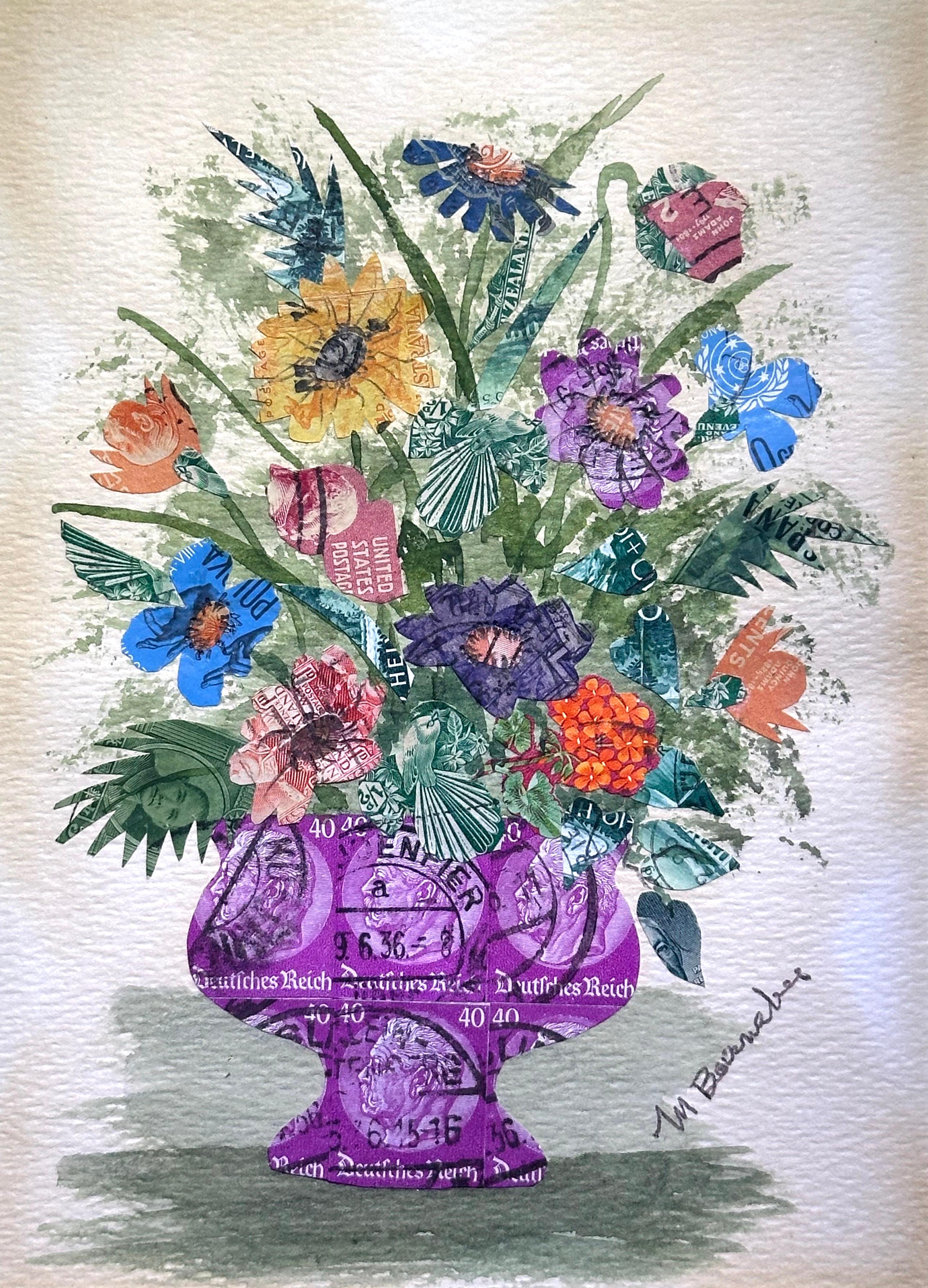 Nature morte florale timbre-poste Collage surréaliste peinture