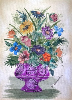 Floral Still Life Postage Stamp Surrealist Collage painting
