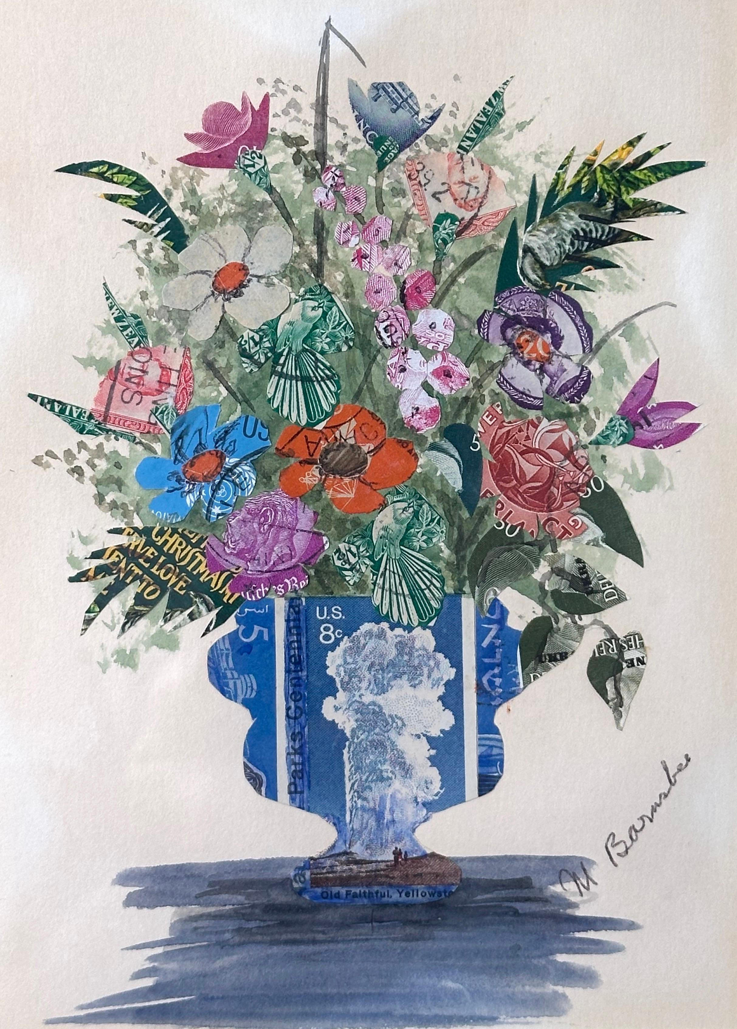 Nature morte florale timbre-poste Collage surréaliste peinture