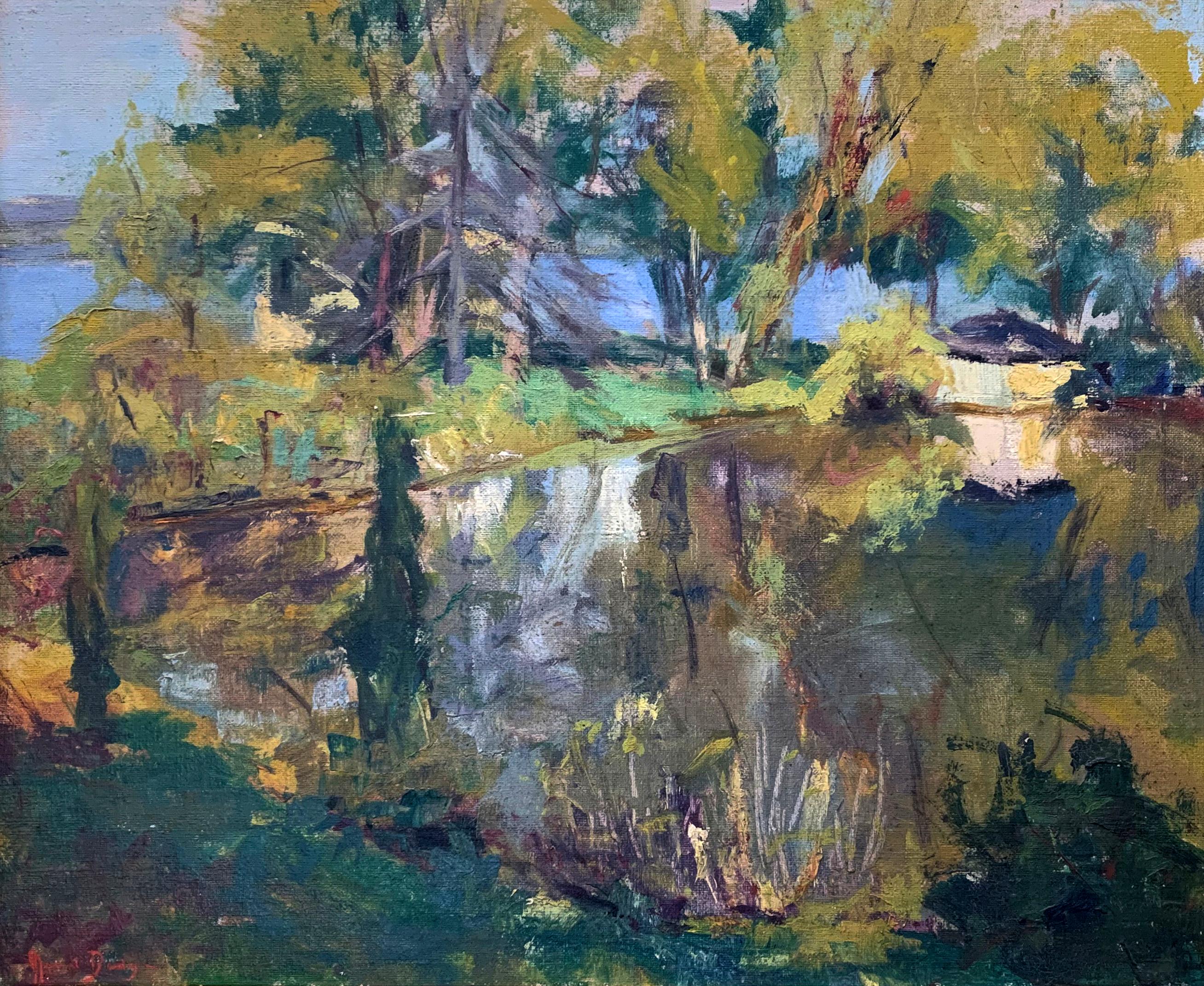 El Estanque, Paisaje con casa, Artista de Nuevo México, firmado, años 40, Marco de época - Painting de Mabel Dodge Lujan 