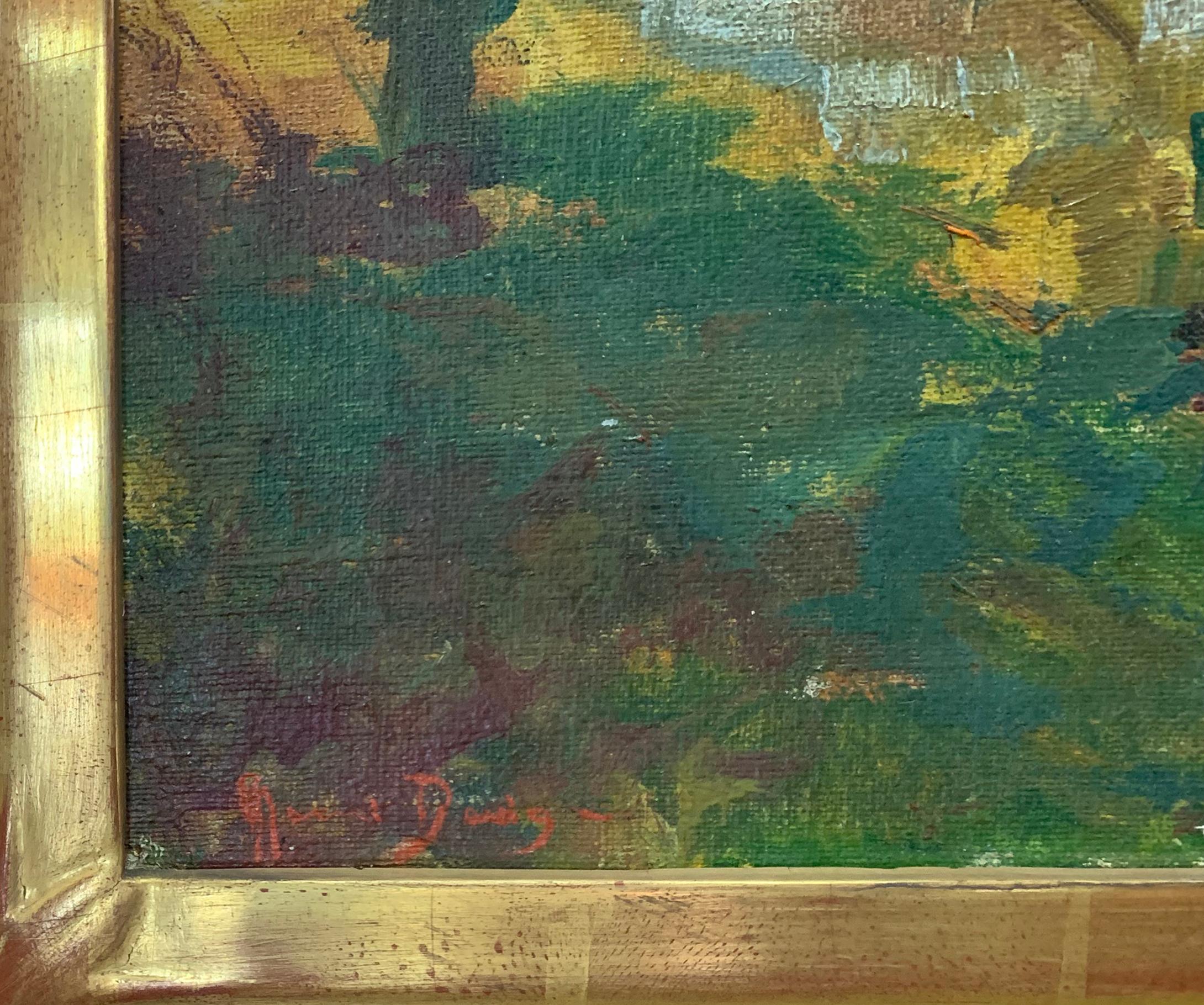 El Estanque, Paisaje con casa, Artista de Nuevo México, firmado, años 40, Marco de época - Painting Naturalista de Mabel Dodge Lujan 