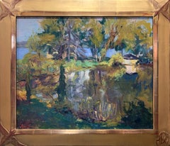 Lo stagno, Paesaggio con casa, artista del Nuovo Messico, firmato, anni '40, cornice d'epoca