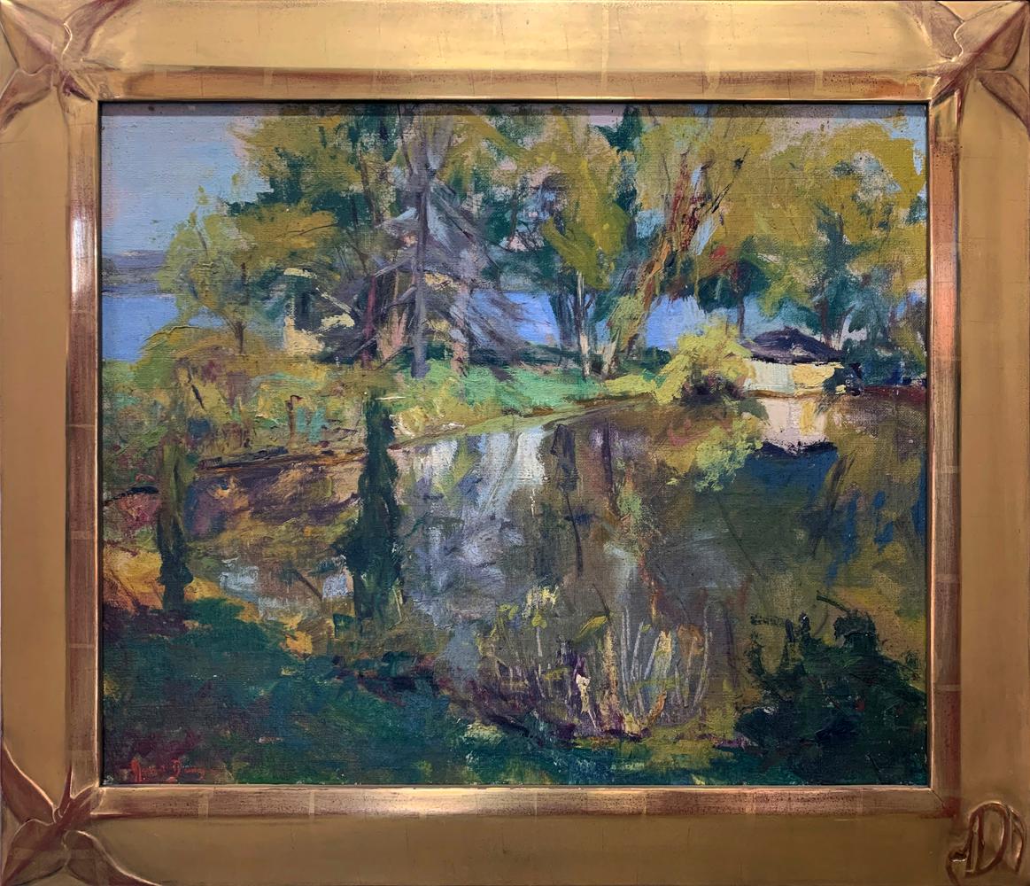 Mabel Dodge Lujan  Landscape Painting - The Pond, Landscape with house, New Mexico artist, signed, 1940s, Period frame